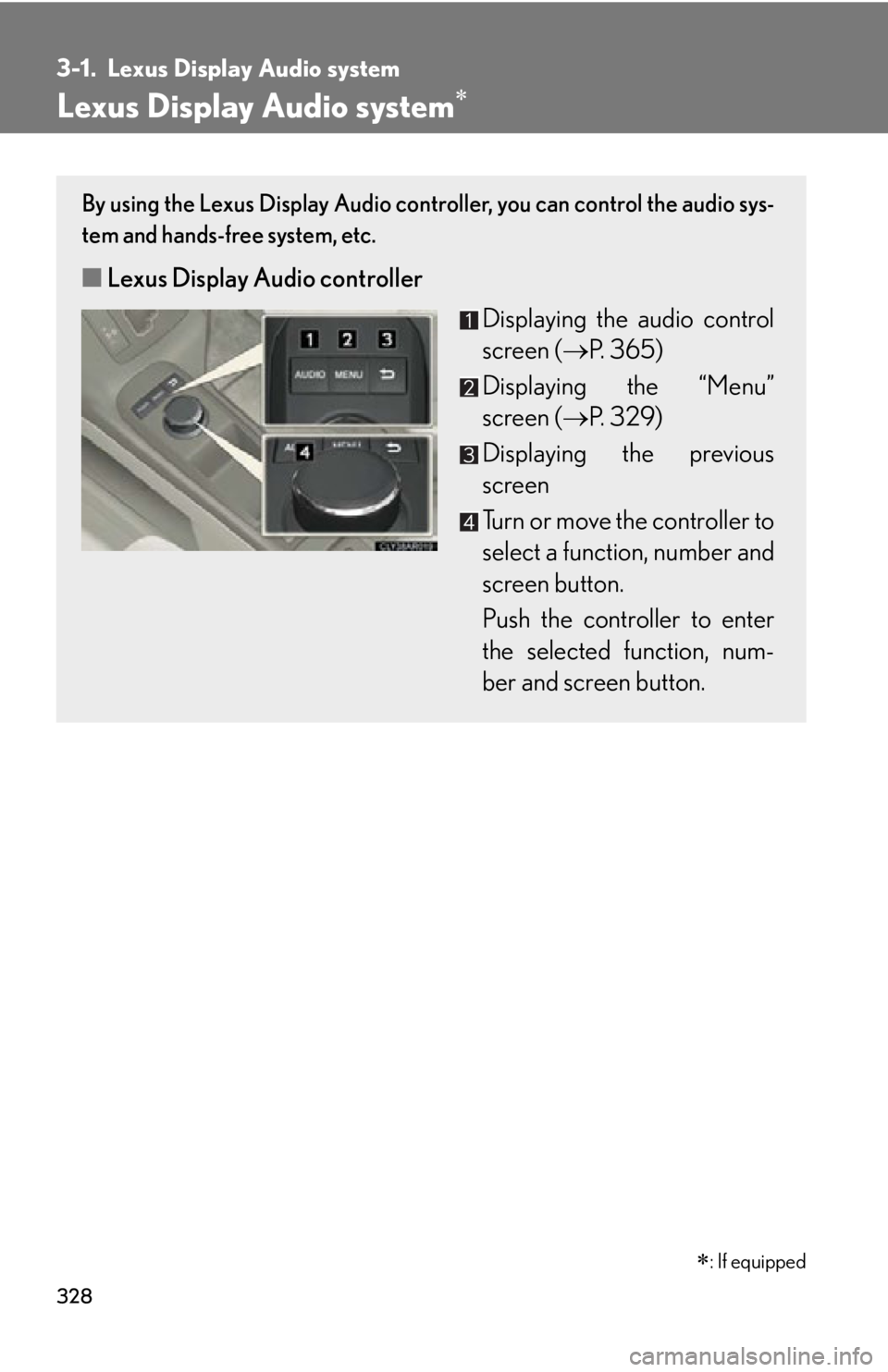 LEXUS RX350 2015  Owners Manual 3283-1. Lexus Display Audio system
Lexus Display Audio system By using the Lexus Display Audio controller, you can control the audio sys-
tem and hands-free system, etc.
■ Lexus Display Audio con