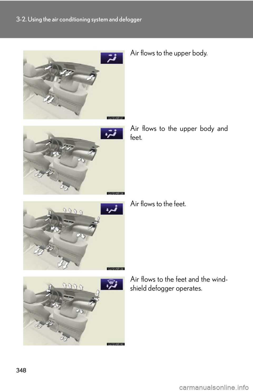 LEXUS RX350 2015  Owners Manual 3483-2. Using the air conditio ning system and defogger
Air flows to the upper body.
Air flows to the upper body and
feet.
Air flows to the feet.
Air flows to the feet and the wind-
shield defogger op