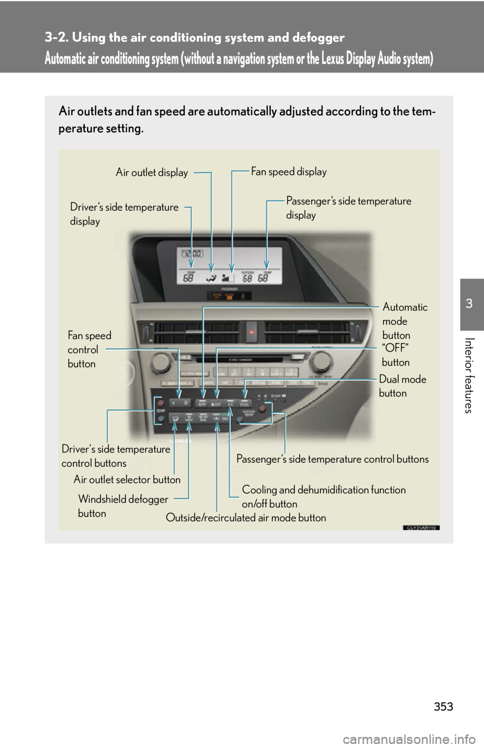 LEXUS RX350 2015  Owners Manual 3533-2. Using the air conditio ning system and defogger
3
Interior features Automatic air conditioning system (without a navigation system or the Lexus Display Audio system)Air outlets and fan speed a