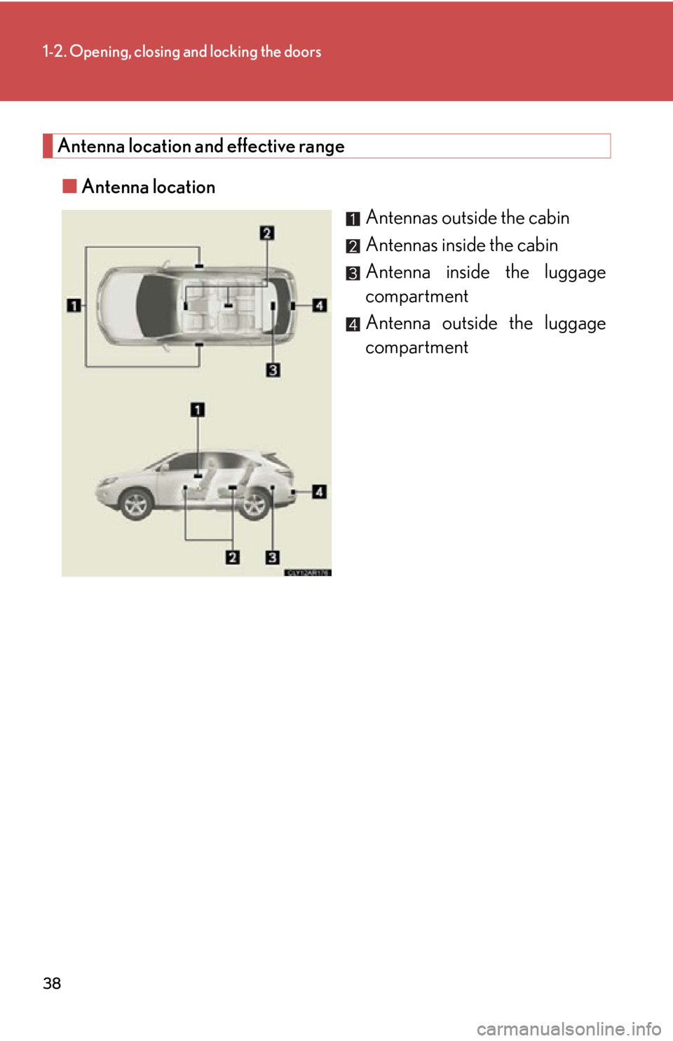 LEXUS RX350 2015 Owners Guide 381-2. Opening, closing and locking the doors
Antenna location and effective range
■ Antenna location
Antennas outside the cabin
Antennas inside the cabin
Antenna inside the luggage
compartment
Ant LEXUS RX350 2015 Owners Guide 381-2. Opening, closing and locking the doors
Antenna location and effective range
■ Antenna location
Antennas outside the cabin
Antennas inside the cabin
Antenna inside the luggage
compartment
Ant