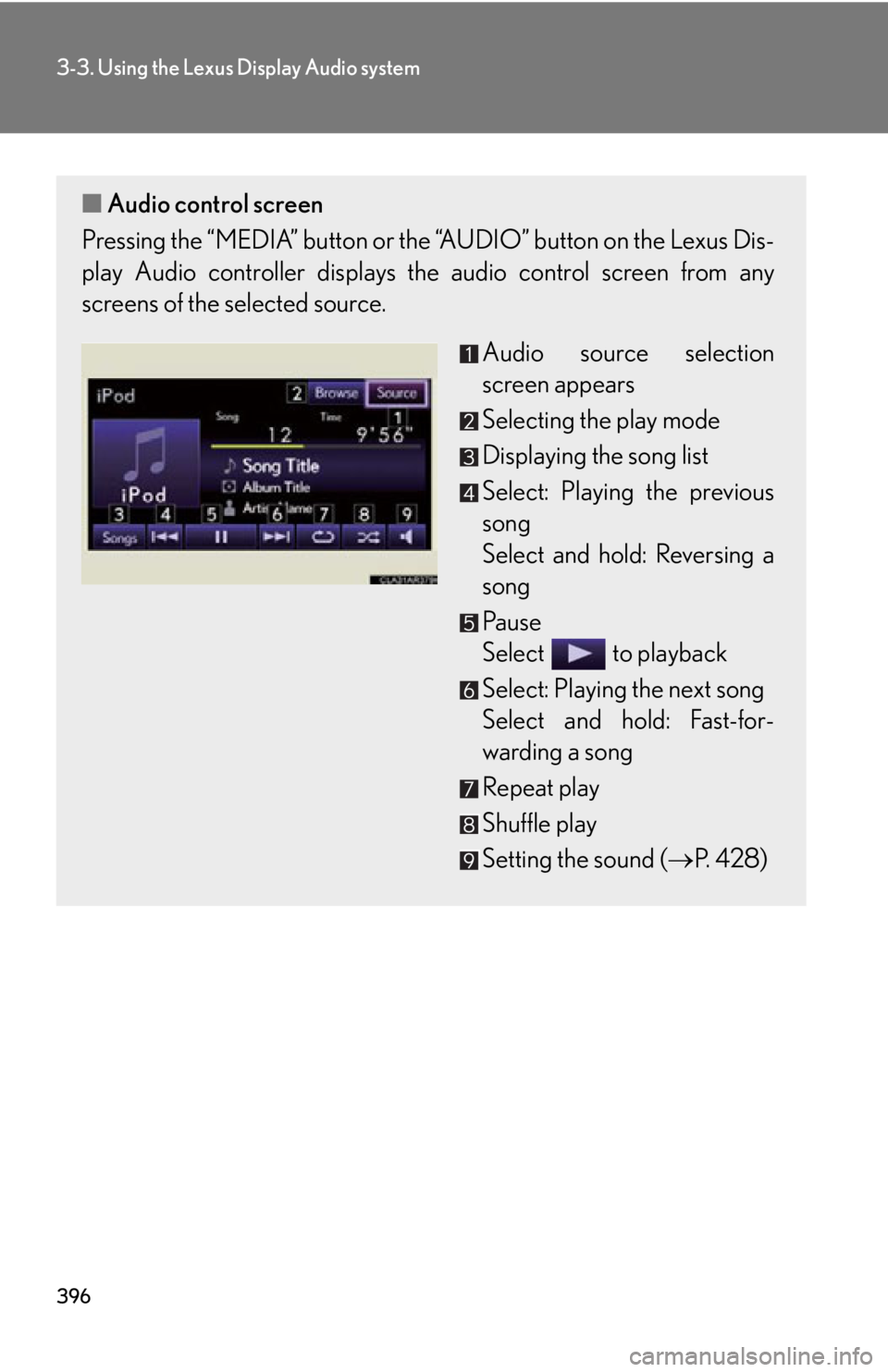 LEXUS RX350 2015  Owners Manual 3963-3. Using the Lexus Display Audio system
■ Audio control screen
Pressing the “MEDIA” button or the “AUDIO” button on the Lexus Dis-
play Audio controller displays the audio control scree