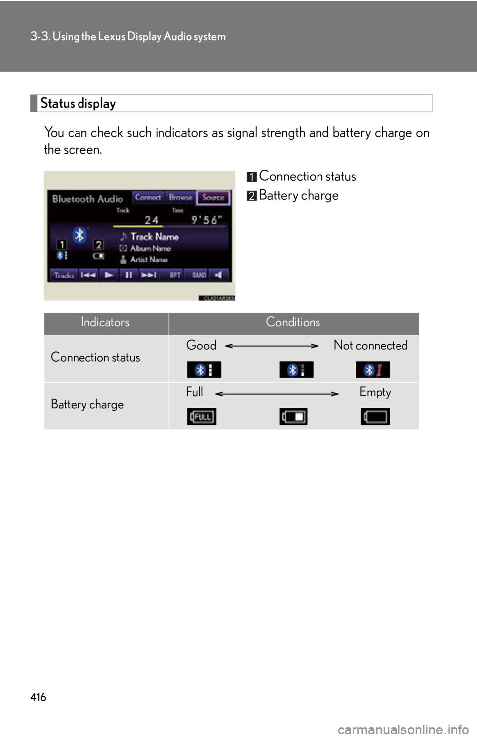 LEXUS RX350 2015  Owners Manual 4163-3. Using the Lexus Display Audio system
Status display
You can check such indicators as sig nal strength and  battery charge on
the screen.
Connection status
Battery charge
Indicators Conditions
