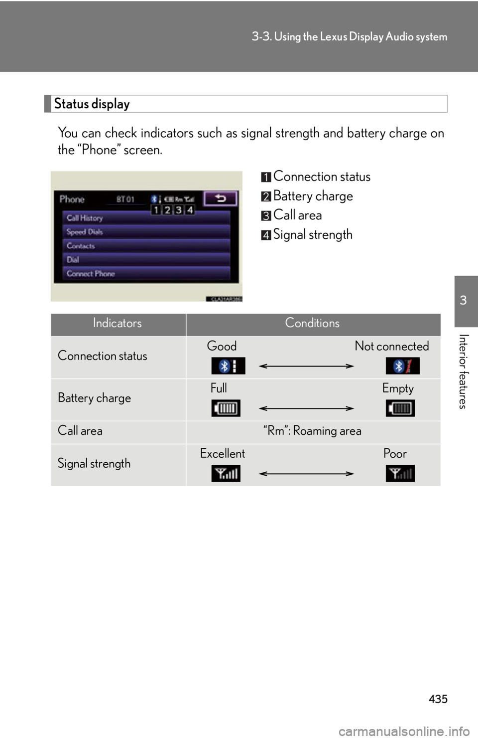 LEXUS RX350 2015 Owners Manual 4353-3. Using the Lexus Display Audio system
3
Interior features Status display
You can check indicators such as signal strength an d battery charge on
the “Phone” screen.
Connection status
Batte LEXUS RX350 2015 Owners Manual 4353-3. Using the Lexus Display Audio system
3
Interior features Status display
You can check indicators such as signal strength an d battery charge on
the “Phone” screen.
Connection status
Batte