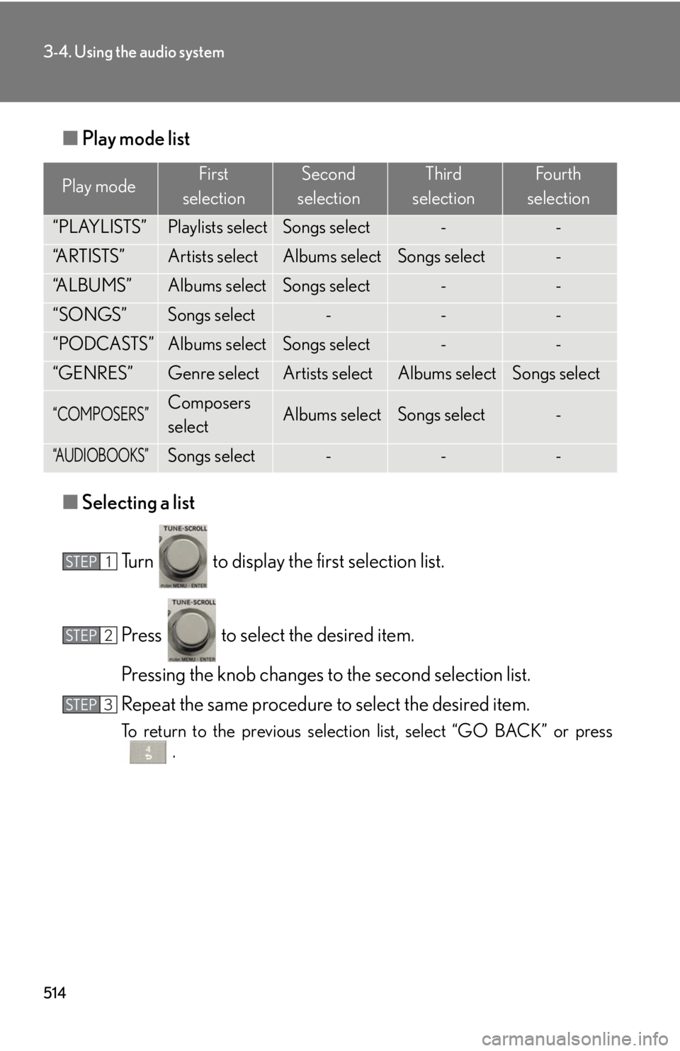 LEXUS RX350 2015  Owners Manual 5143-4. Using the audio system
■ Play mode list
■ Selecting a list
Turn   to display the first selection list.
Press   to select the desired item. 
Pressing the knob changes to the second selectio