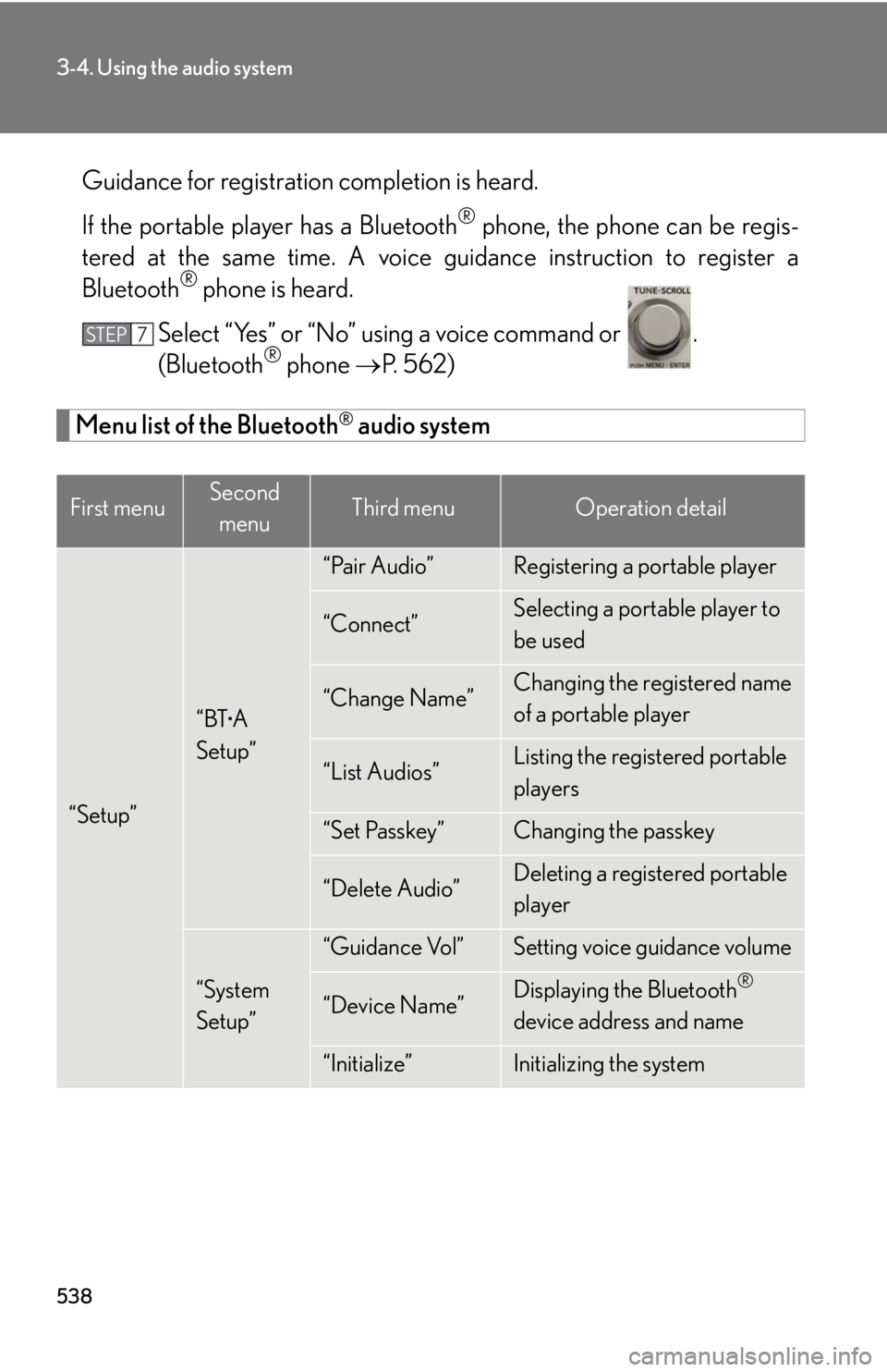 LEXUS RX350 2015  Owners Manual 5383-4. Using the audio system
Guidance for registration completion is heard.
If the portable pl ayer has a Bluetooth ®
 phone, the phone can be regis-
tered at the same time. A voice guidance instru