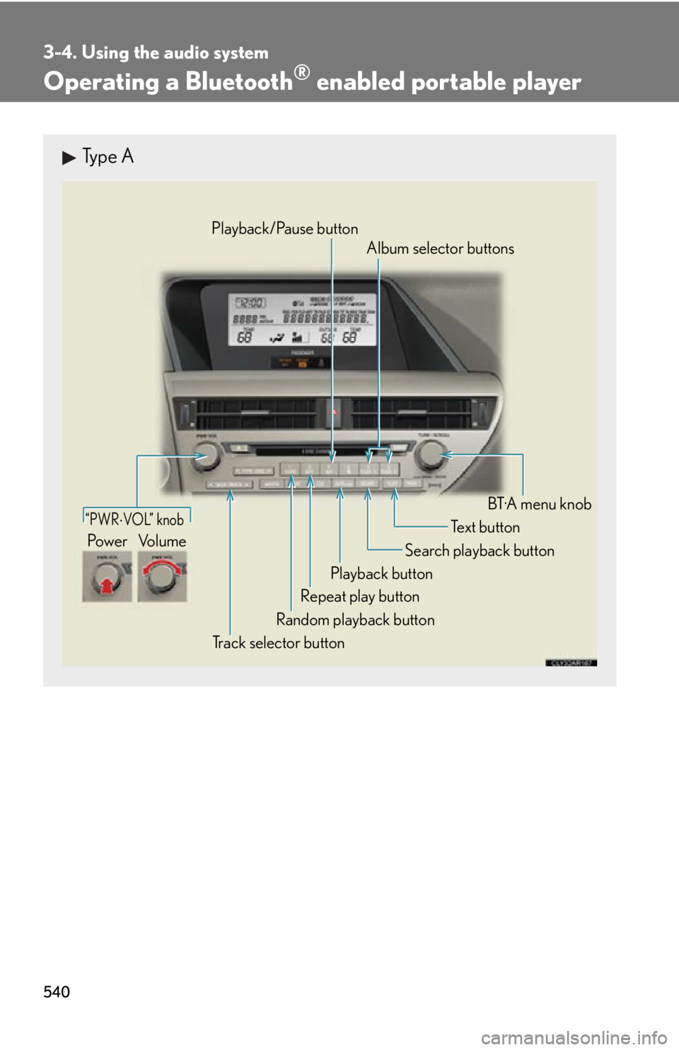 LEXUS RX350 2015  Owners Manual 5403-4. Using the audio system
Operating a Bluetooth ®
 enabled portable playerType A
“PWR  VOL” knob
Track selector button Playback button Search playback button
Random playback button Repeat