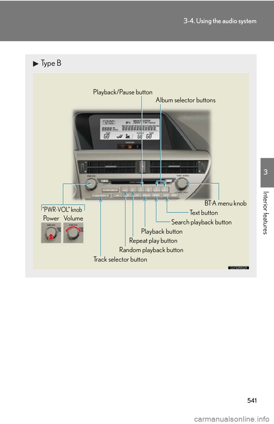 LEXUS RX350 2015  Owners Manual 5413-4. Using the audio system
3
Interior features Type B
“PWR  VOL” knob
Track selector button Playback button Search playback button
Random playback button Repeat play button Te x t  b u t t 