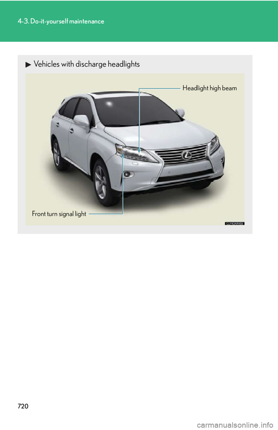 LEXUS RX350 2015  Owners Manual 7204-3. Do-it-yourself maintenance
Vehicles with discharge headlights
Front turn signal light Headlight high beam 