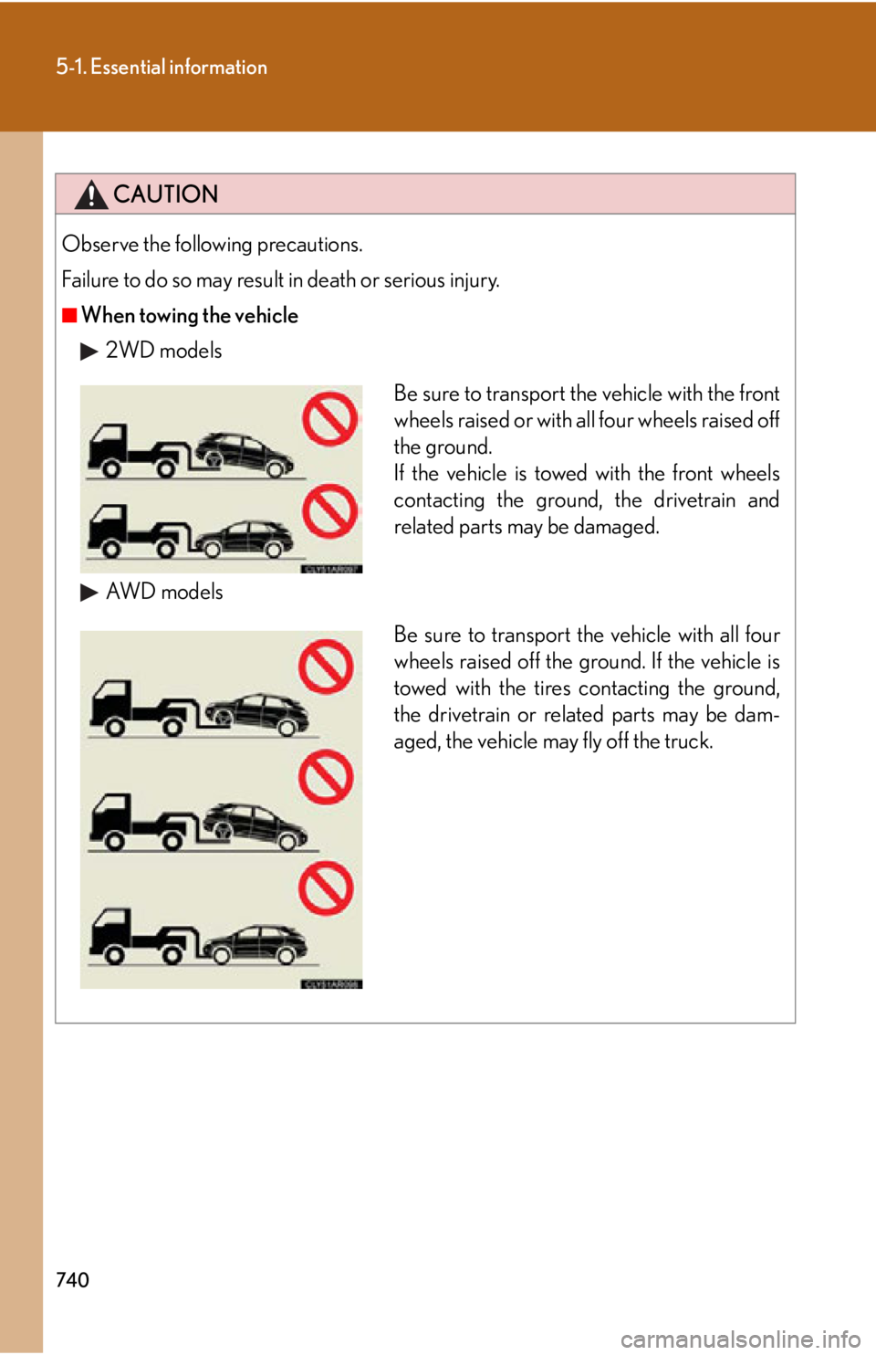 LEXUS RX350 2015  Owners Manual 7405-1. Essential information
CAUTIONObserve the following precautions.
Failure to do so may result in death or serious injury. ■
When towing the vehicle
2WD models
AW D  m o d e l s Be sure to tran
