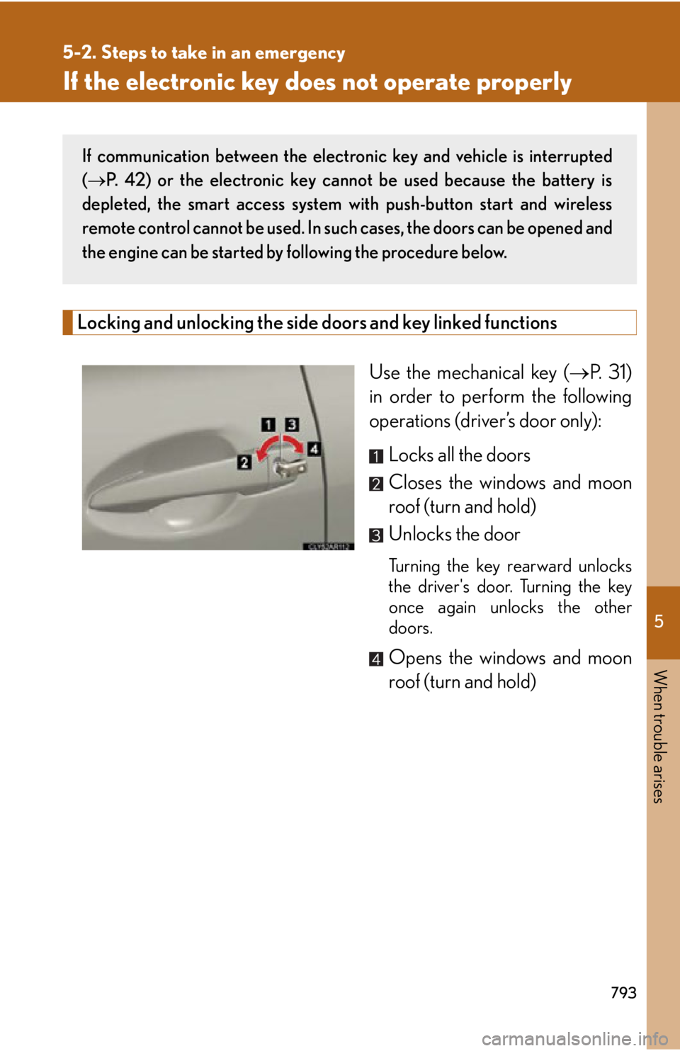 LEXUS RX350 2015 Owners Manual 5
When trouble arises
7935-2. Steps to take in an emergency
If the electronic key do es not operate properly
Locking and unlocking the side doors and key linked functions
Use the mechanical key ( LEXUS RX350 2015 Owners Manual 5
When trouble arises
7935-2. Steps to take in an emergency
If the electronic key do es not operate properly
Locking and unlocking the side doors and key linked functions
Use the mechanical key ( 