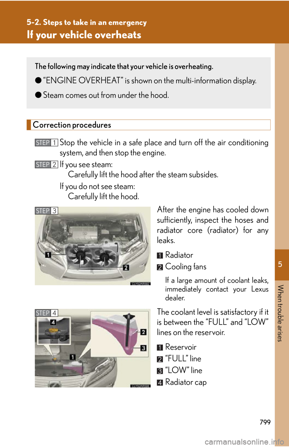 LEXUS RX350 2015 Owners Manual 5
When trouble arises
7995-2. Steps to take in an emergency
If your vehicle overheats
Correction procedures
Stop the vehicle in a safe place and turn off the air conditioning
system, and then stop th LEXUS RX350 2015 Owners Manual 5
When trouble arises
7995-2. Steps to take in an emergency
If your vehicle overheats
Correction procedures
Stop the vehicle in a safe place and turn off the air conditioning
system, and then stop th