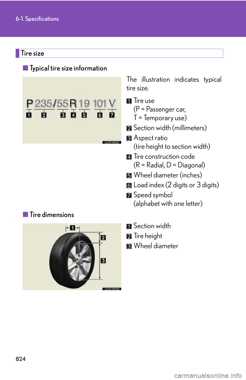 LEXUS RX350 2015  Owners Manual 8246-1. Specifications
Tire size
■ Typical tire size information
The illustration  indicates typical
tire size.
Ti r e  u s e
(P = Passenger car, 
T = Temporary use)
Section width (millimeters)
Aspe