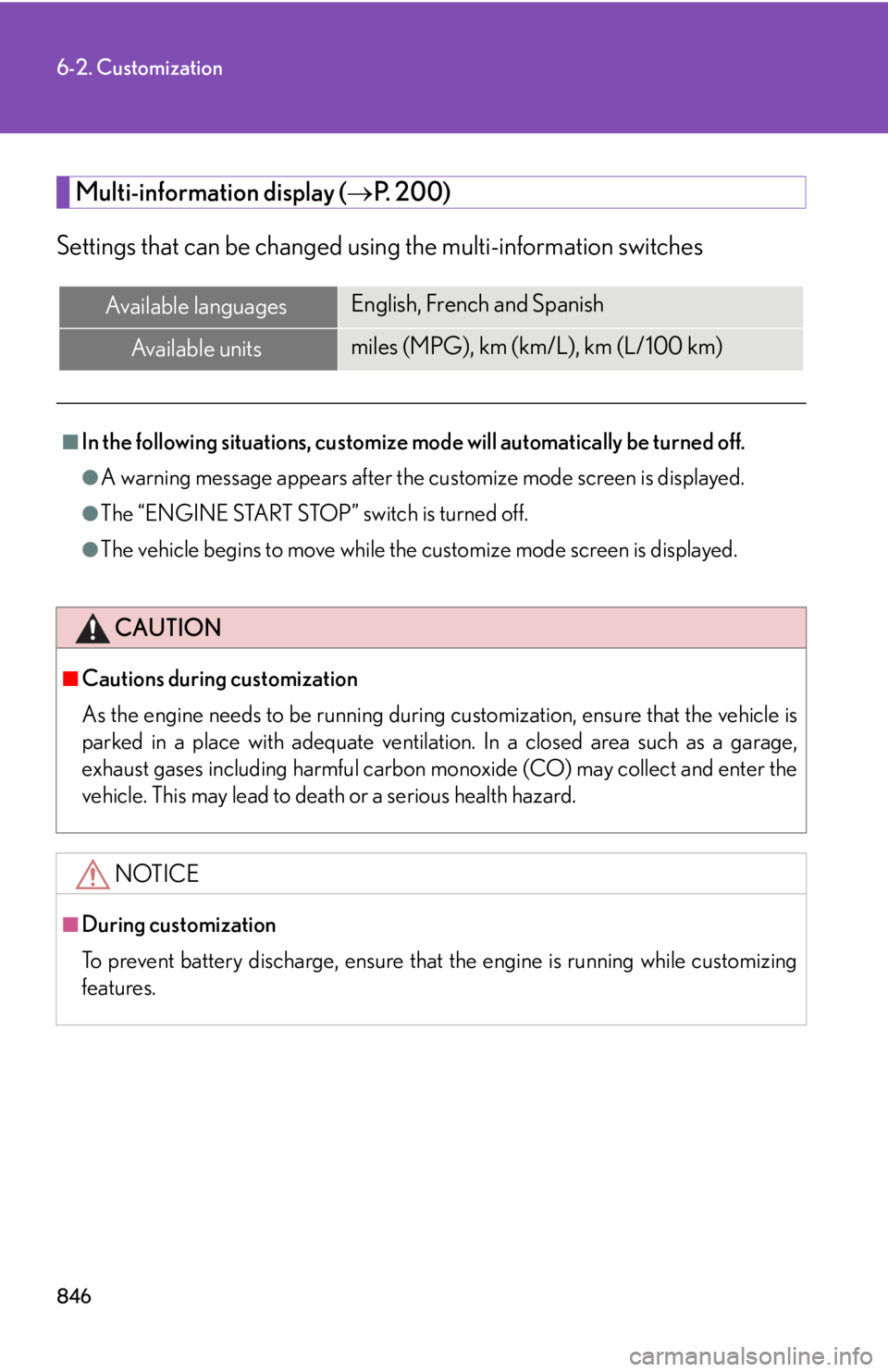LEXUS RX350 2015  Owners Manual 8466-2. Customization
Multi-information display (  P. 200)
Settings that can be changed usin g the multi-information switchesAvailable languages English, French and Spanish
Available units miles (M