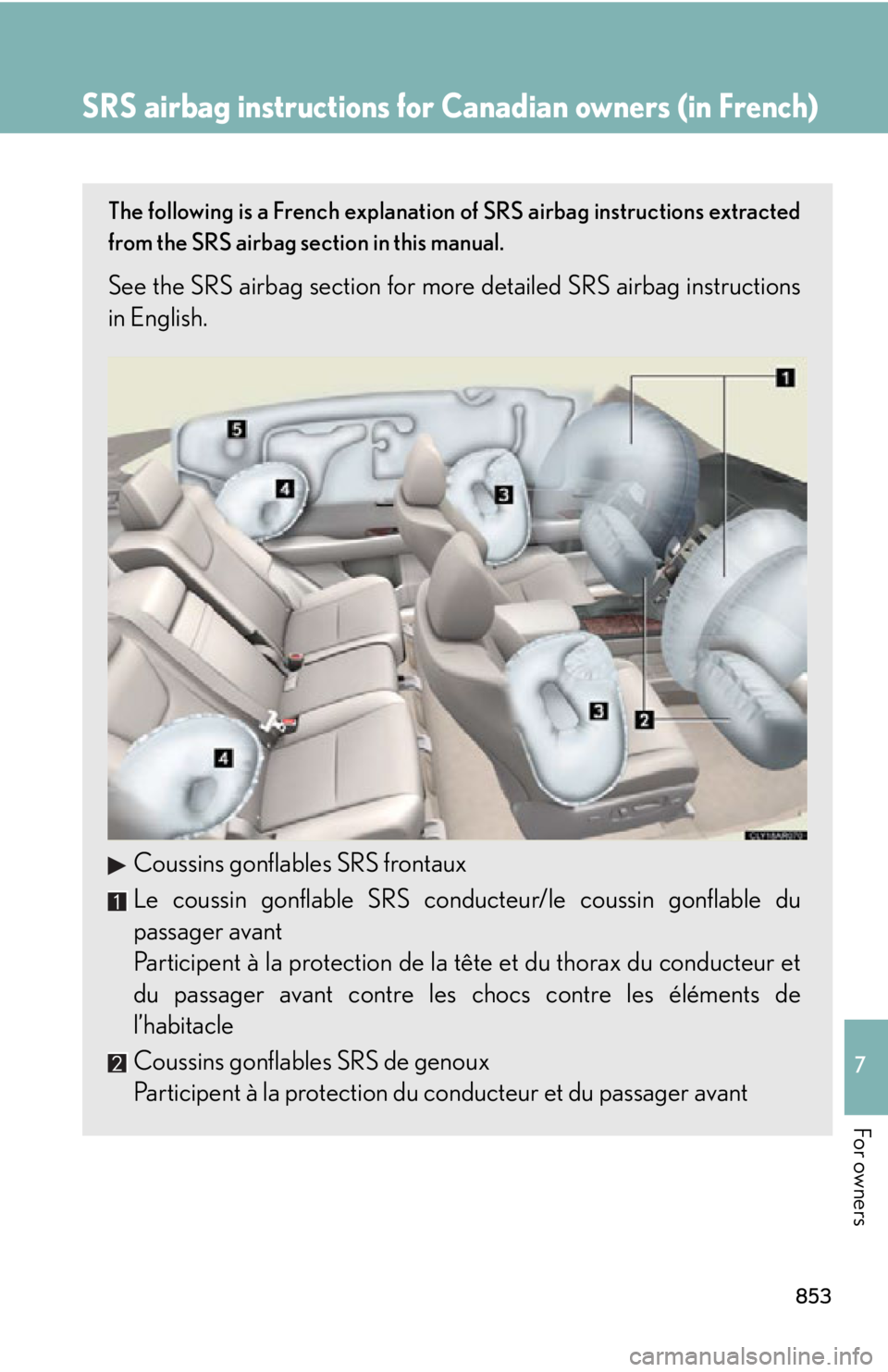 LEXUS RX350 2015 Owners Manual 8537
For owners SRS airbag instructions for Canadian owners (in French) The following is a French explanation of SRS airbag instructions extracted
from the SRS airbag section in this manual.
See the S LEXUS RX350 2015 Owners Manual 8537
For owners SRS airbag instructions for Canadian owners (in French) The following is a French explanation of SRS airbag instructions extracted
from the SRS airbag section in this manual.
See the S