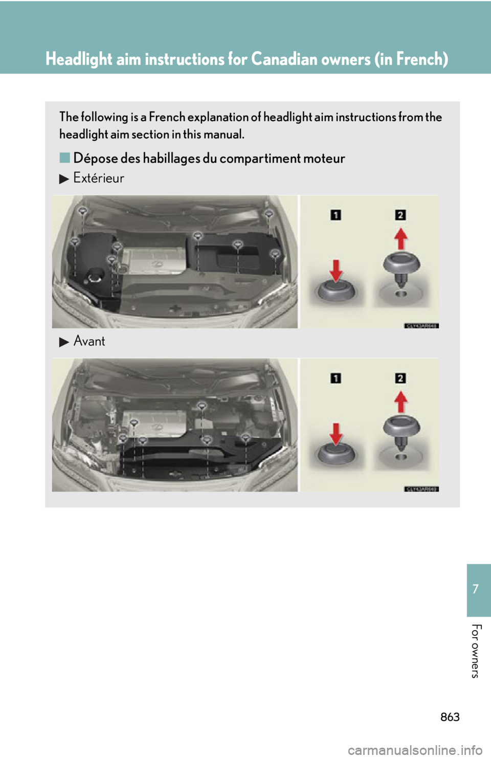 LEXUS RX350 2015 Owners Manual 8637
For owners Headlight aim instructions for Canadian owners (in French)The following is a French explanation of headlight aim instructions from the
headlight aim section in this manual.
■ Dépos LEXUS RX350 2015 Owners Manual 8637
For owners Headlight aim instructions for Canadian owners (in French)The following is a French explanation of headlight aim instructions from the
headlight aim section in this manual.
■ Dépos