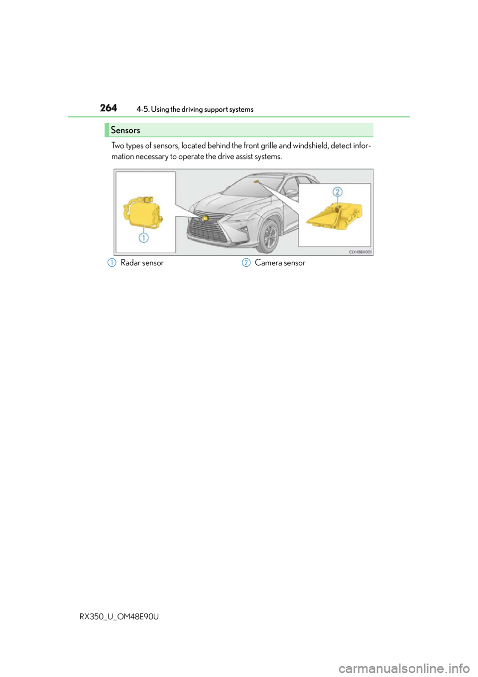 LEXUS RX350 2016  Owners Manual 264 4-5. Using the driving support systems
RX350_U_OM48E90U Two types of sensors, located behind the front grille and windshield, detect infor-
mation necessary to operate the drive assist systems.
Se