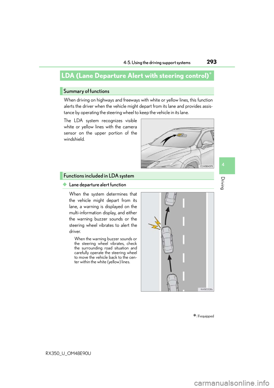 LEXUS RX350 2016  Owners Manual 2934-5. Using the driving support systems
4
Driving
RX350_U_OM48E90U When driving on highways and freeways with white or yellow lines, this function
alerts the driver when the vehicle might depart fro