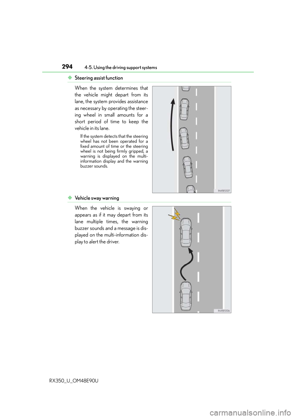 LEXUS RX350 2016  Owners Manual 294 4-5. Using the driving support systems
RX350_U_OM48E90U ◆ Steering assist function
When the system determines that
the vehicle might depart from its
lane, the system provides assistance
as neces
