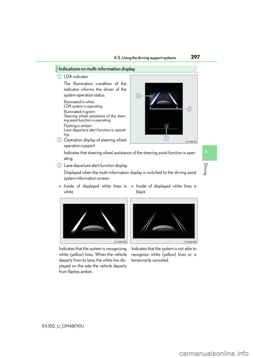 LEXUS RX350 2016  Owners Manual 2974-5. Using the driving support systems
4
Driving
RX350_U_OM48E90U LDA indicator
The illumination condition of the
indicator informs the driver of the
system operation status. Illuminated in white: 