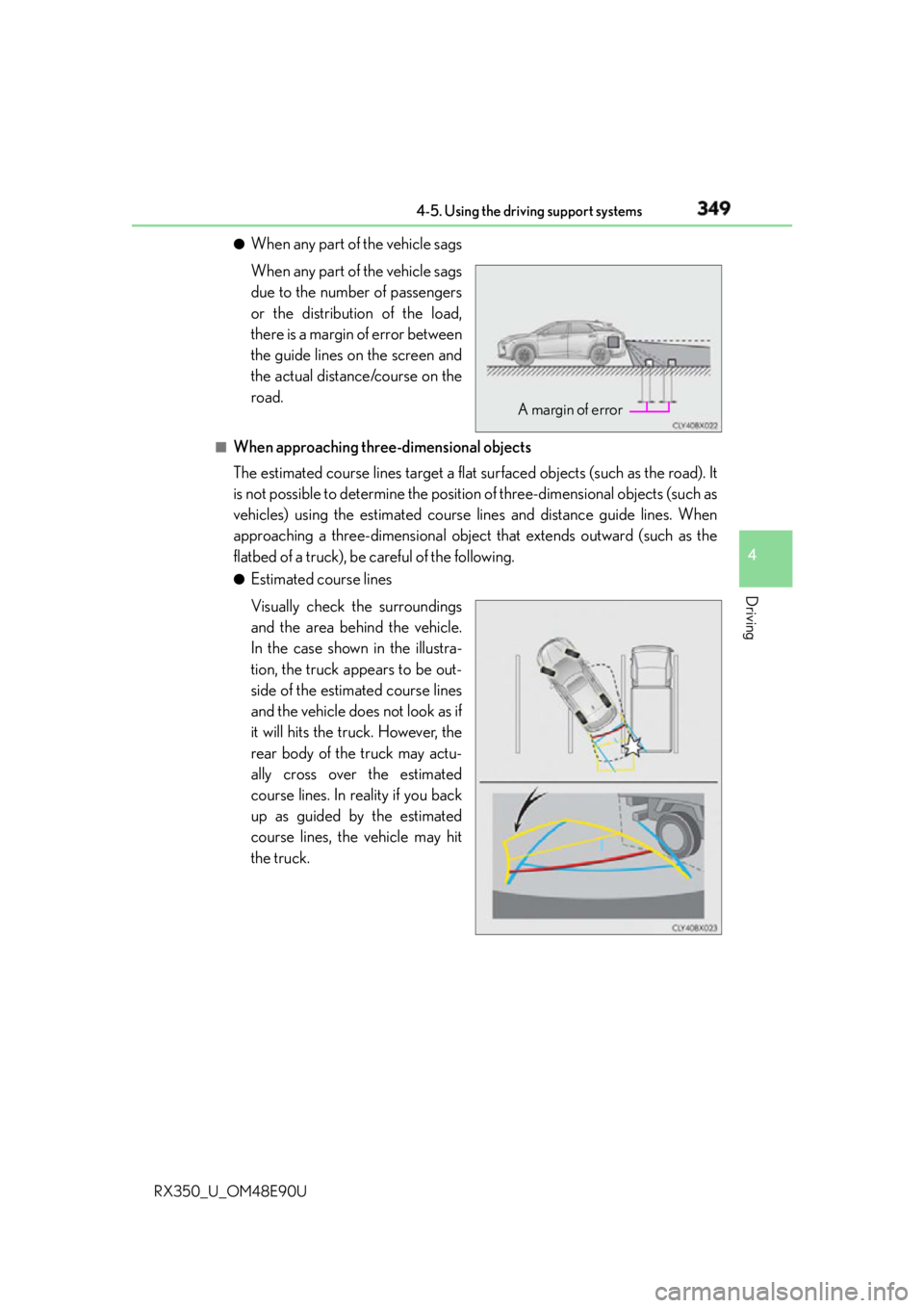 LEXUS RX350 2016 Owners Manual 3494-5. Using the driving support systems
4
Driving
RX350_U_OM48E90U ●
When any part of the vehicle sags
When any part of the vehicle sags
due to the number of passengers
or the distribution of the LEXUS RX350 2016 Owners Manual 3494-5. Using the driving support systems
4
Driving
RX350_U_OM48E90U ●
When any part of the vehicle sags
When any part of the vehicle sags
due to the number of passengers
or the distribution of the