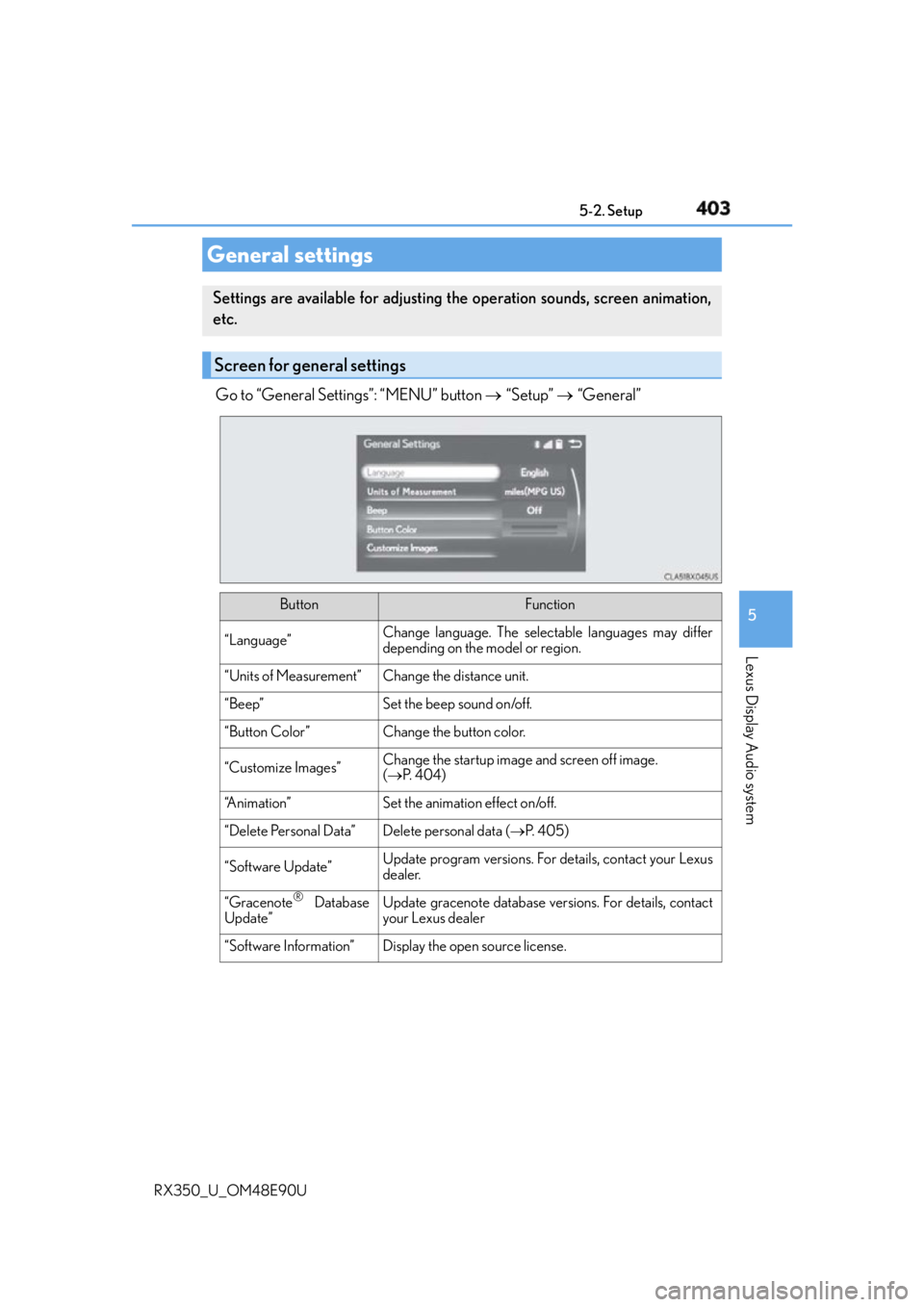 LEXUS RX350 2016 Owners Manual 403 5-2. Setup
5
Lexus Display Audio system
RX350_U_OM48E90U Go to “General Settings”: “MENU” button “Setup” “General”
General settings Settings are available for adjus LEXUS RX350 2016 Owners Manual 403 5-2. Setup
5
Lexus Display Audio system
RX350_U_OM48E90U Go to “General Settings”: “MENU” button “Setup” “General”
General settings Settings are available for adjus