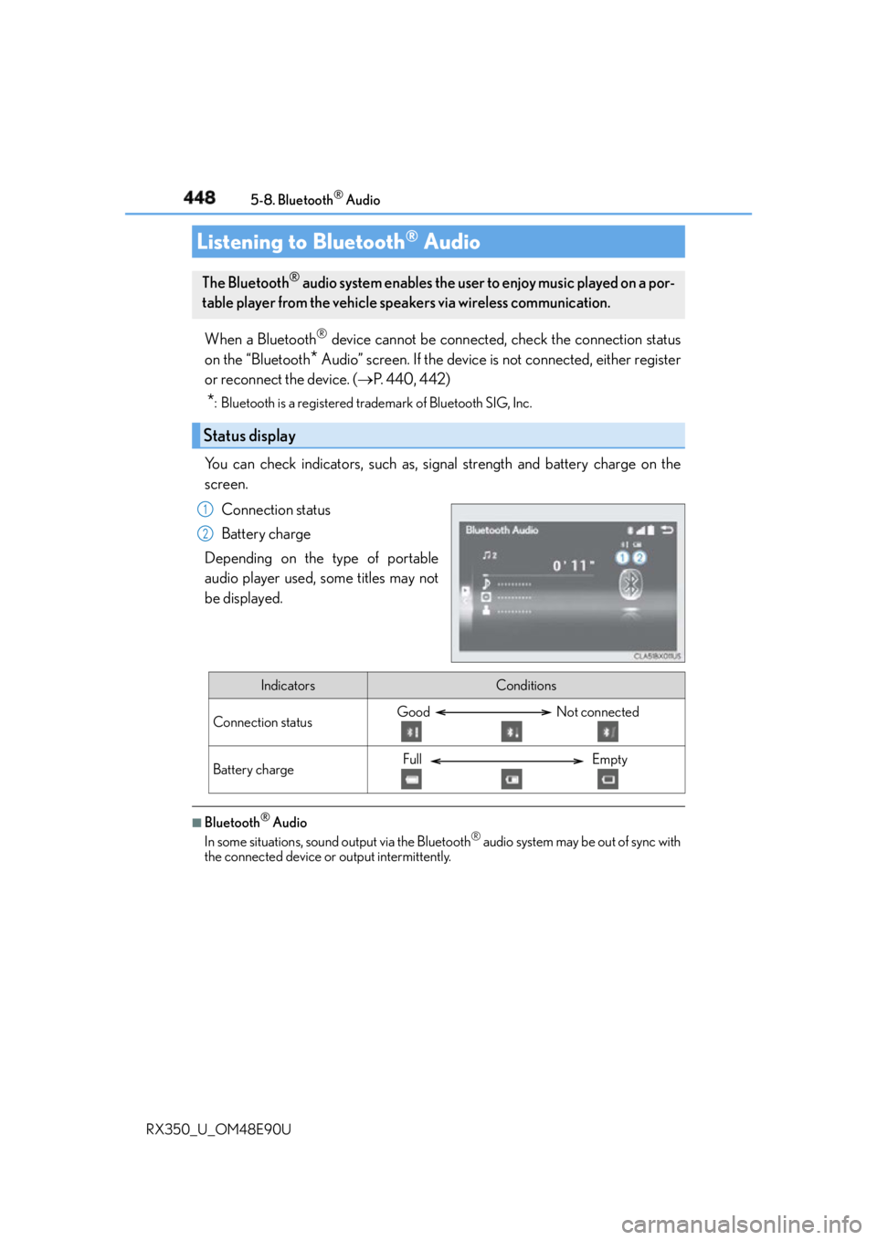 LEXUS RX350 2016 Owners Manual 448
RX350_U_OM48E90U 5-8. Bluetooth ®
Audio
When a Bluetooth ®
device cannot be connected, check the connection status
on the “Bluetooth
* Audio” screen. If the device is not connected, eith LEXUS RX350 2016 Owners Manual 448
RX350_U_OM48E90U 5-8. Bluetooth ®
Audio
When a Bluetooth ®
device cannot be connected, check the connection status
on the “Bluetooth
* Audio” screen. If the device is not connected, eith
