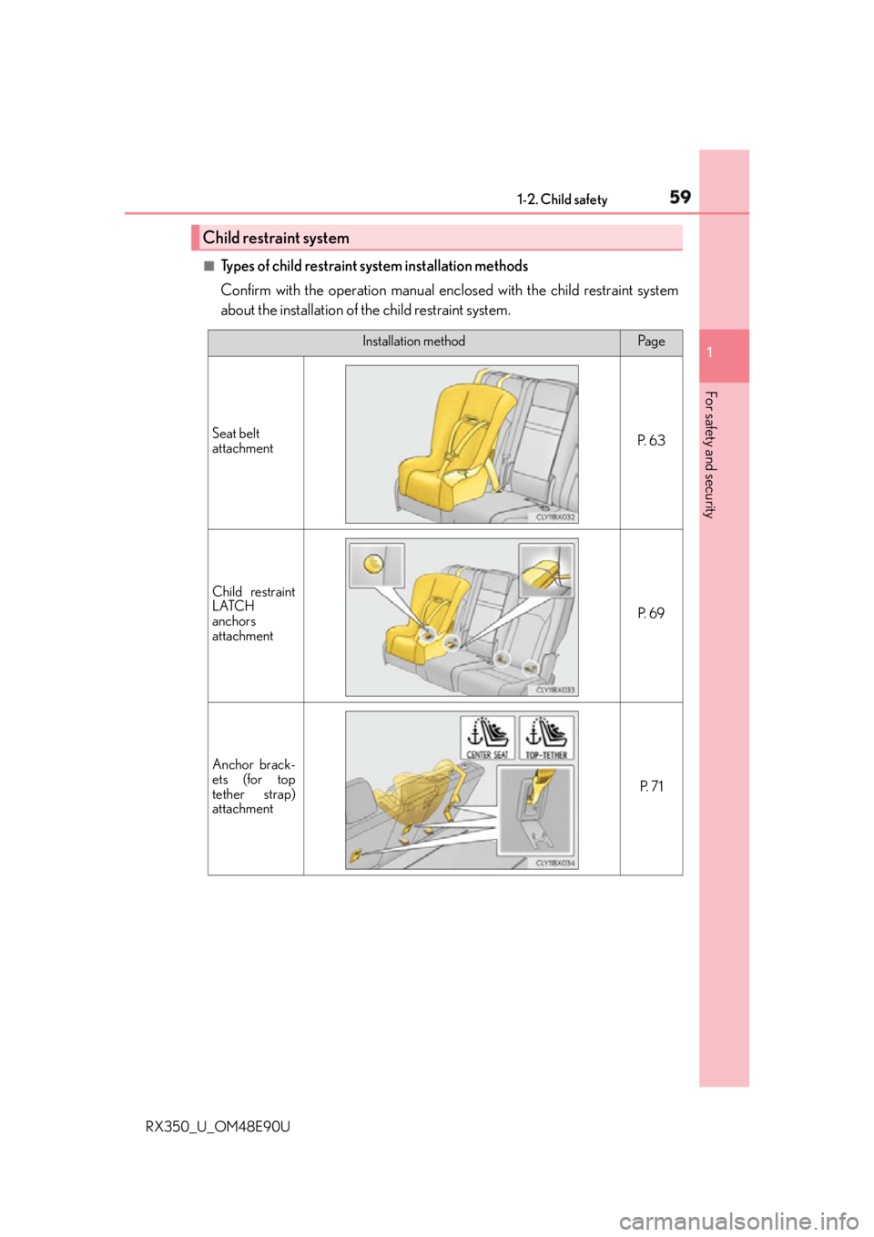 LEXUS RX350 2016 Workshop Manual 591-2. Child safety
1
For safety and security
RX350_U_OM48E90U ■
Types of child restraint system installation methods
Confirm with the operation manual encl osed with the child restraint system
abou