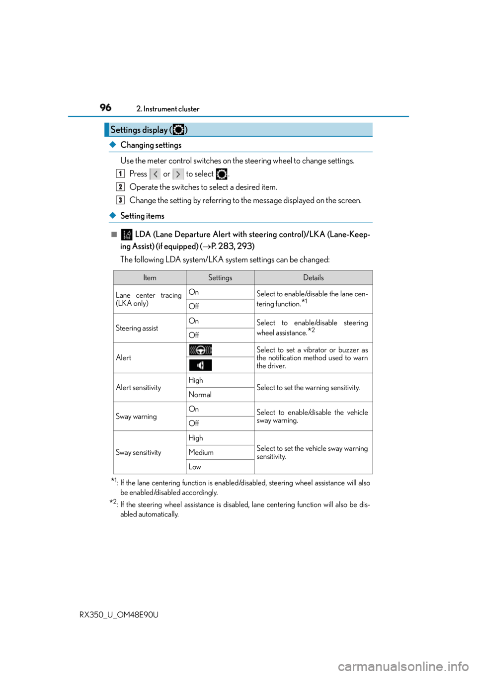 LEXUS RX350 2016 Owners Manual 96 2. Instrument cluster
RX350_U_OM48E90U ◆ Changing settings
Use the meter control switches on the steering wheel to change settings.
Press or to select .
Operate the switches to select a desi LEXUS RX350 2016 Owners Manual 96 2. Instrument cluster
RX350_U_OM48E90U ◆ Changing settings
Use the meter control switches on the steering wheel to change settings.
Press or to select .
Operate the switches to select a desi