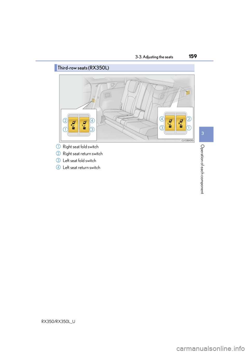 LEXUS RX350 2019  Owners Manual 1593-3. Adjusting the seats
3
Operation of each component
RX350/RX350L_U Right seat fold switch
Right seat return switch
Left seat fold switch
Left seat return switchThird-row seats (RX350L)
1
2
3
4 