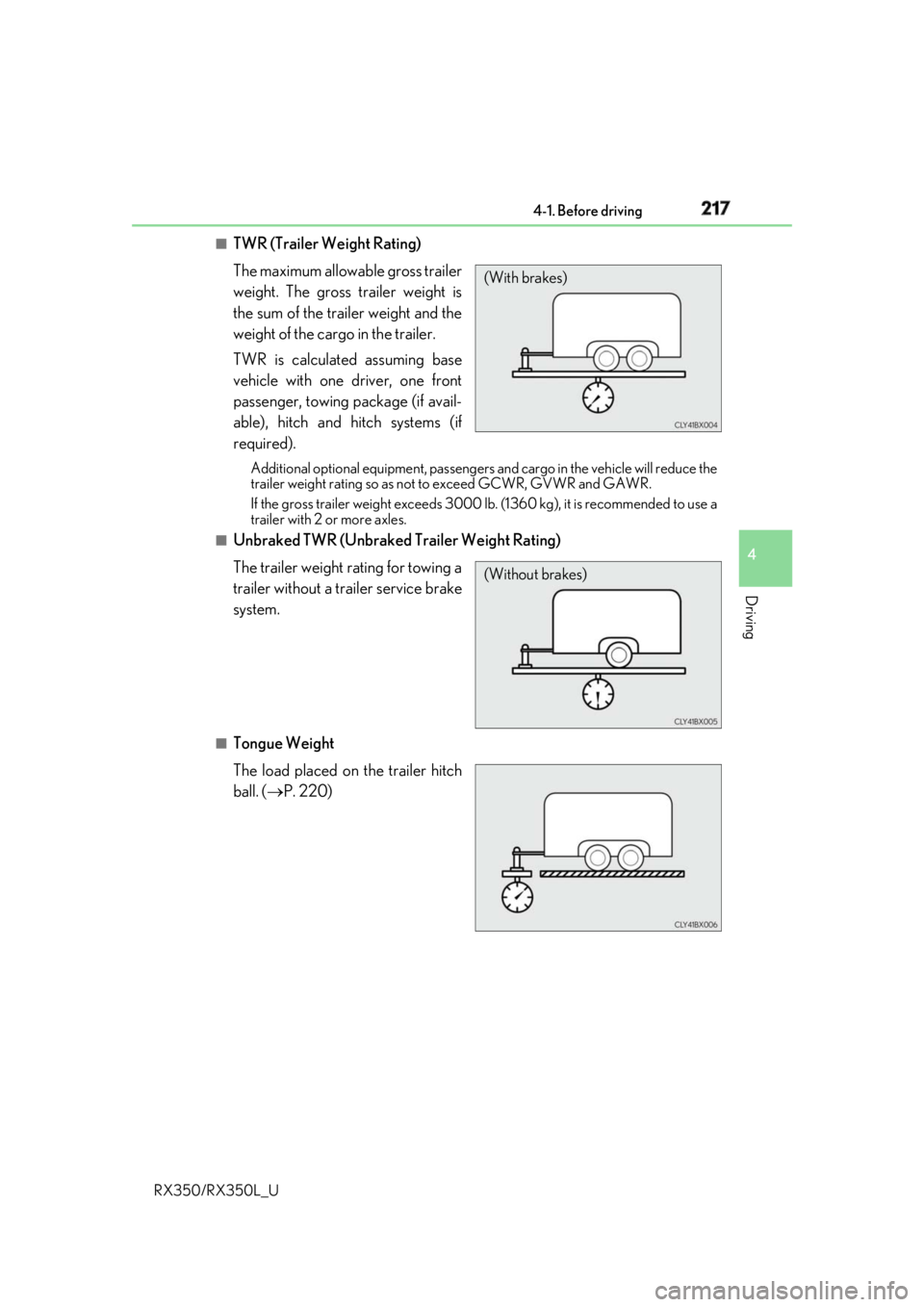 LEXUS RX350 2019  Owners Manual 2174-1. Before driving
4
Driving
RX350/RX350L_U ■
TWR (Trailer Weight Rating)
The maximum allowable gross trailer
weight. The gross trailer weight is
the sum of the trailer weight and the
weight of 