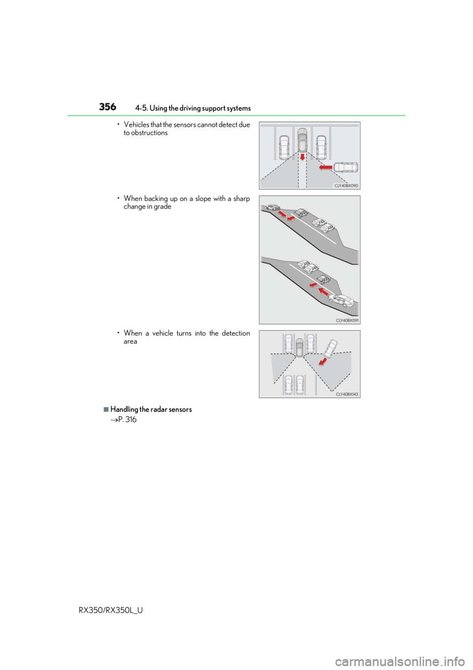 LEXUS RX350 2019 Owners Manual 356 4-5. Using the driving support systems
RX350/RX350L_U ■
Handling the radar sensors
P. 316• Vehicles that the sens ors cannot detect due
to obstructions
• When backing up on a slope with LEXUS RX350 2019 Owners Manual 356 4-5. Using the driving support systems
RX350/RX350L_U ■
Handling the radar sensors
P. 316• Vehicles that the sens ors cannot detect due
to obstructions
• When backing up on a slope with