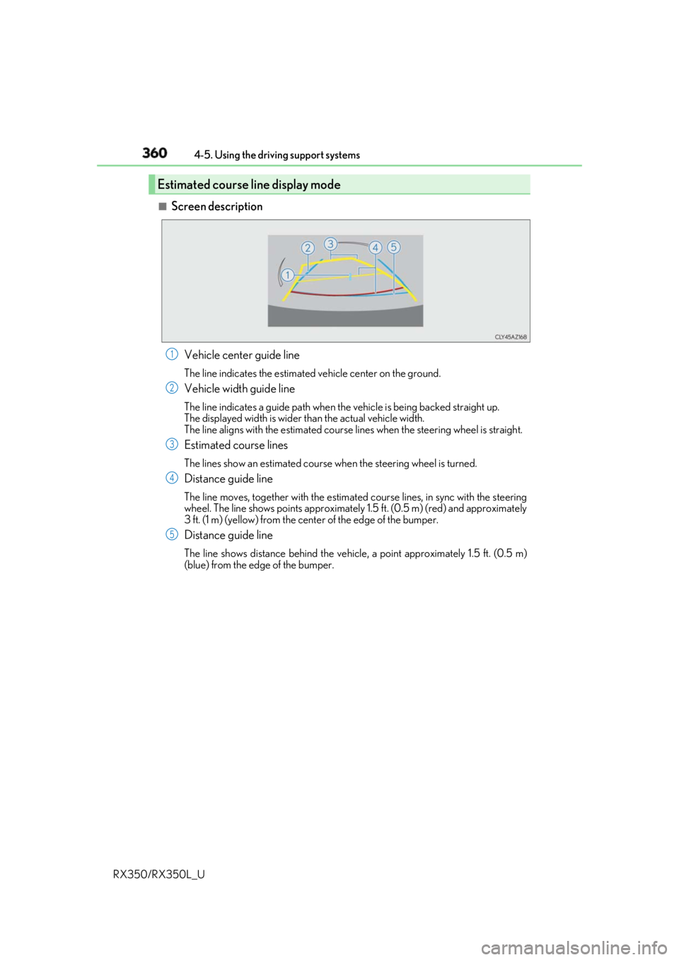 LEXUS RX350 2019 Owners Manual 360 4-5. Using the driving support systems
RX350/RX350L_U ■
Screen description
Vehicle center guide line The line indicates the estimated vehicle center on the ground.
Vehicle width guide line The l LEXUS RX350 2019 Owners Manual 360 4-5. Using the driving support systems
RX350/RX350L_U ■
Screen description
Vehicle center guide line The line indicates the estimated vehicle center on the ground.
Vehicle width guide line The l