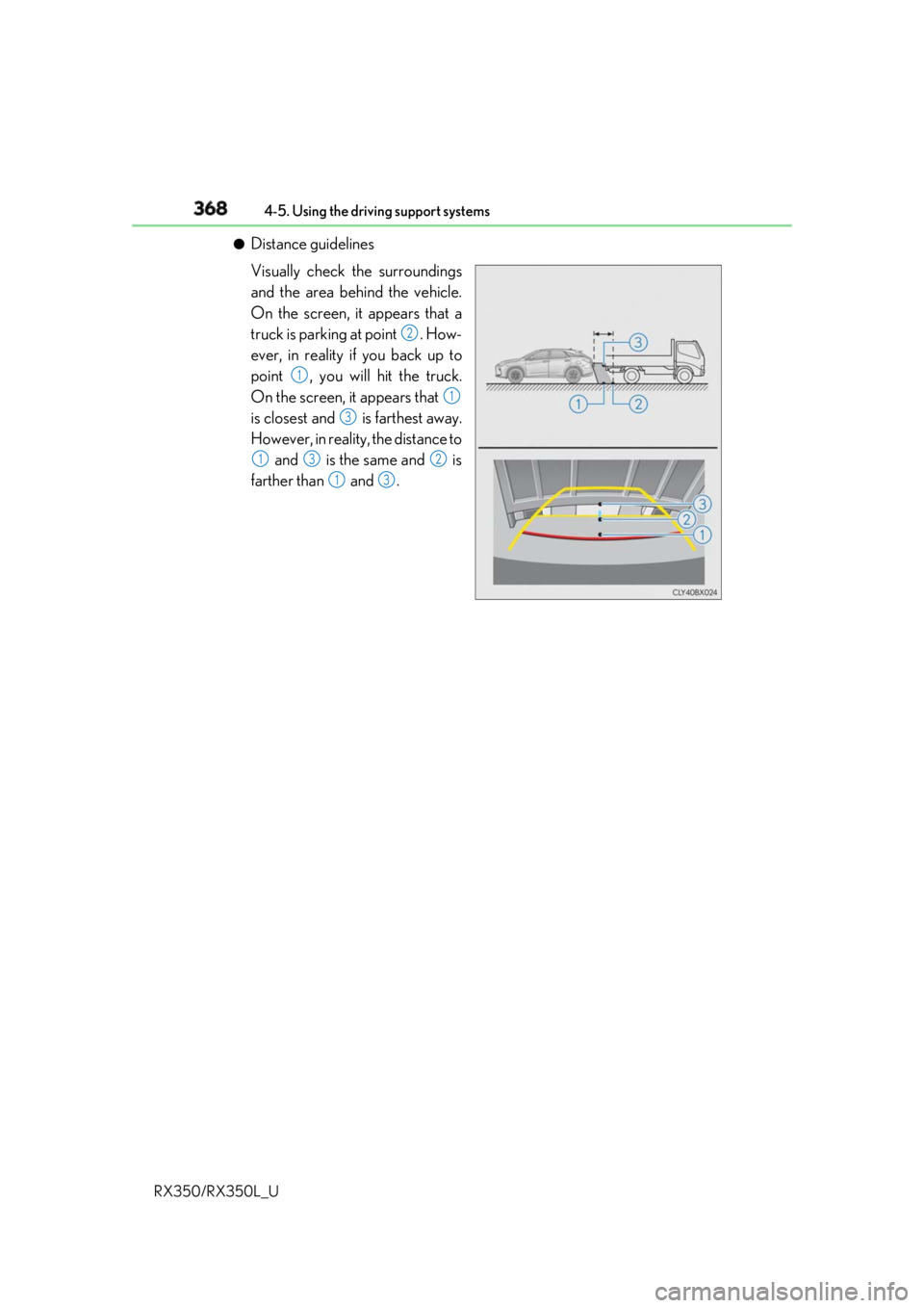 LEXUS RX350 2019 Owners Manual 368 4-5. Using the driving support systems
RX350/RX350L_U ●
Distance guidelines
Visually check the surroundings
and the area behind the vehicle.
On the screen, it appears that a
truck is parking at LEXUS RX350 2019 Owners Manual 368 4-5. Using the driving support systems
RX350/RX350L_U ●
Distance guidelines
Visually check the surroundings
and the area behind the vehicle.
On the screen, it appears that a
truck is parking at