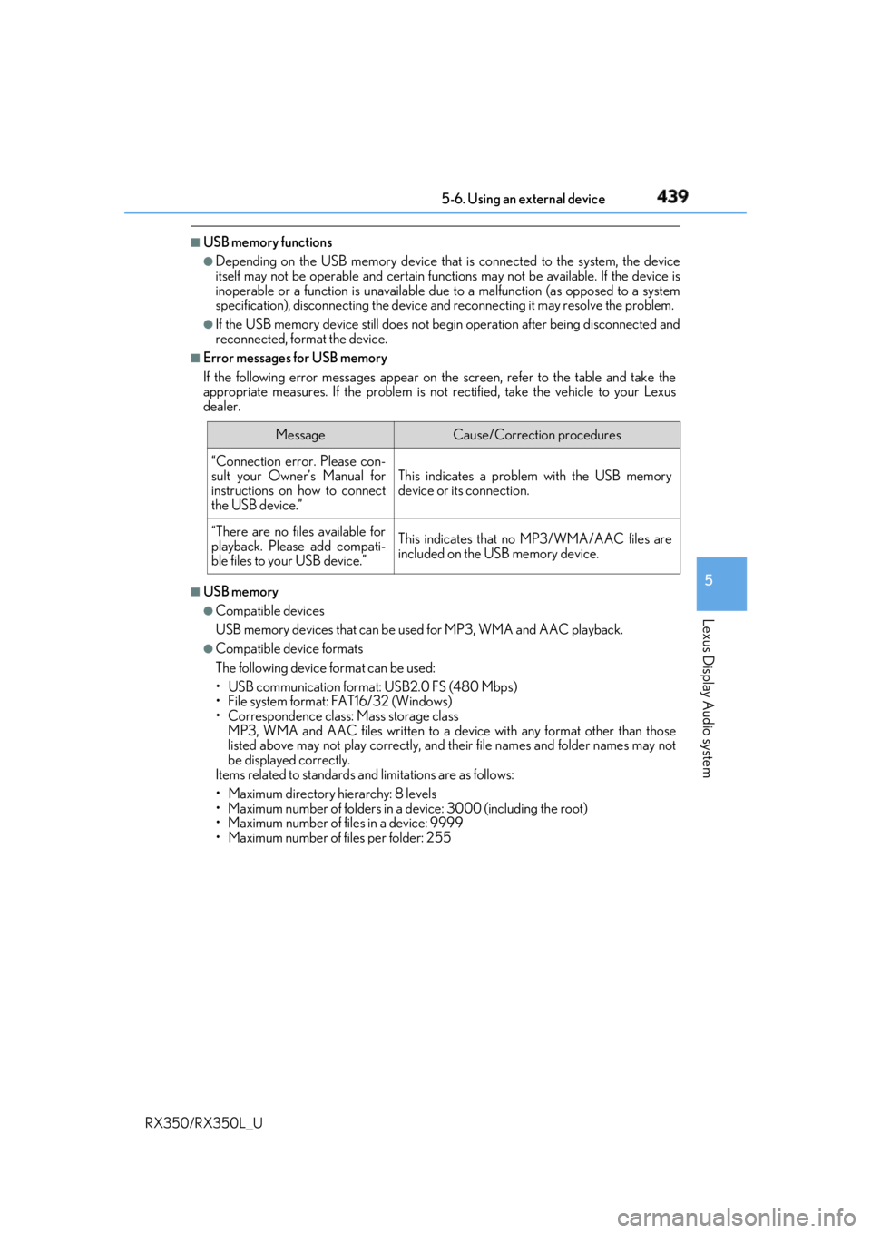 LEXUS RX350 2019  Owners Manual 4395-6. Using an external device
5
Lexus Display Audio system
RX350/RX350L_U ■
USB memory functions ●
Depending on the USB memory device that is connected to the system, the device
itself may not 