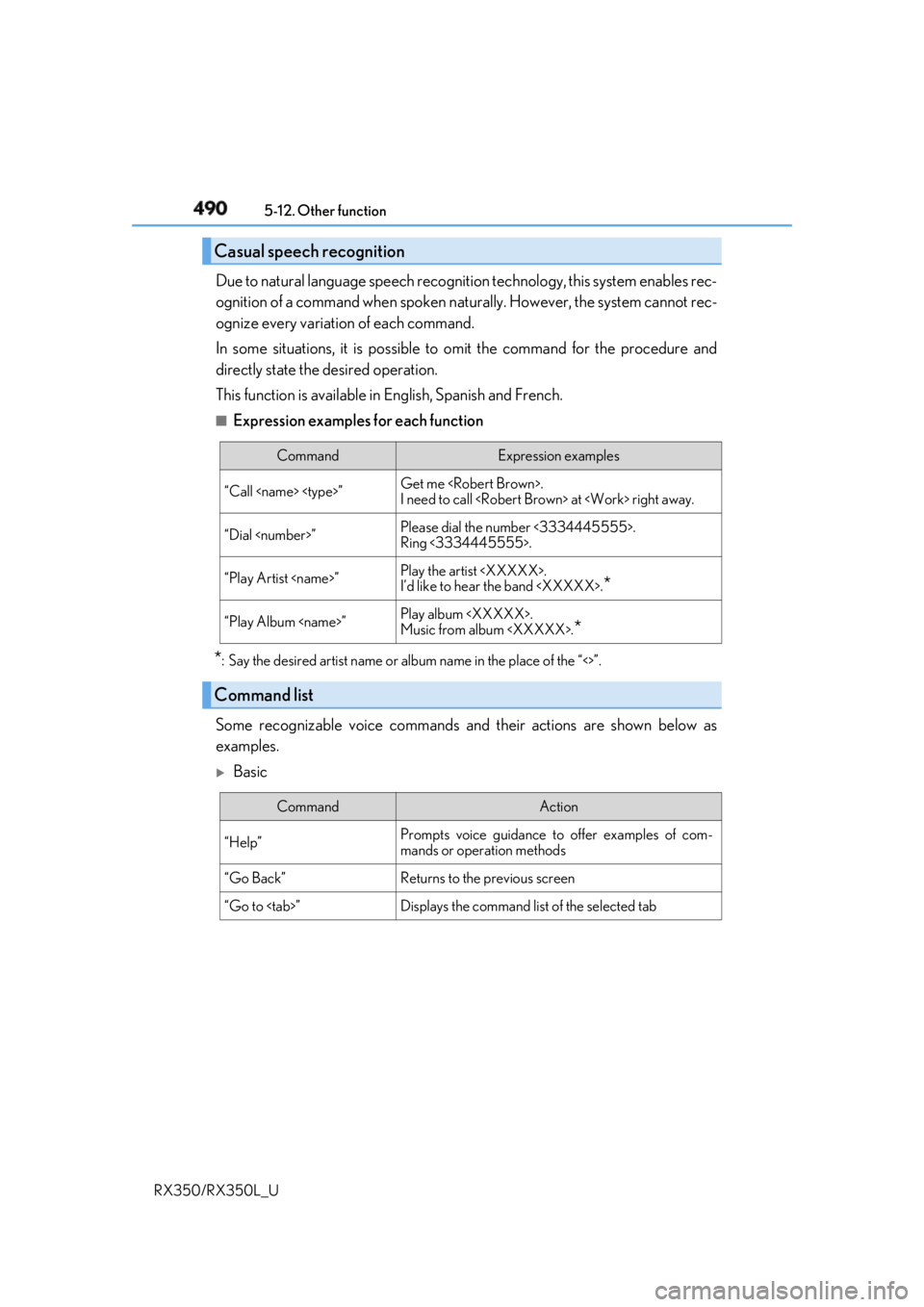 LEXUS RX350 2019  Owners Manual 490 5-12. Other function
RX350/RX350L_U Due to natural language speech recognit ion technology, this system enables rec-
ognition of a command when spoken na turally. However, the system cannot rec-
o