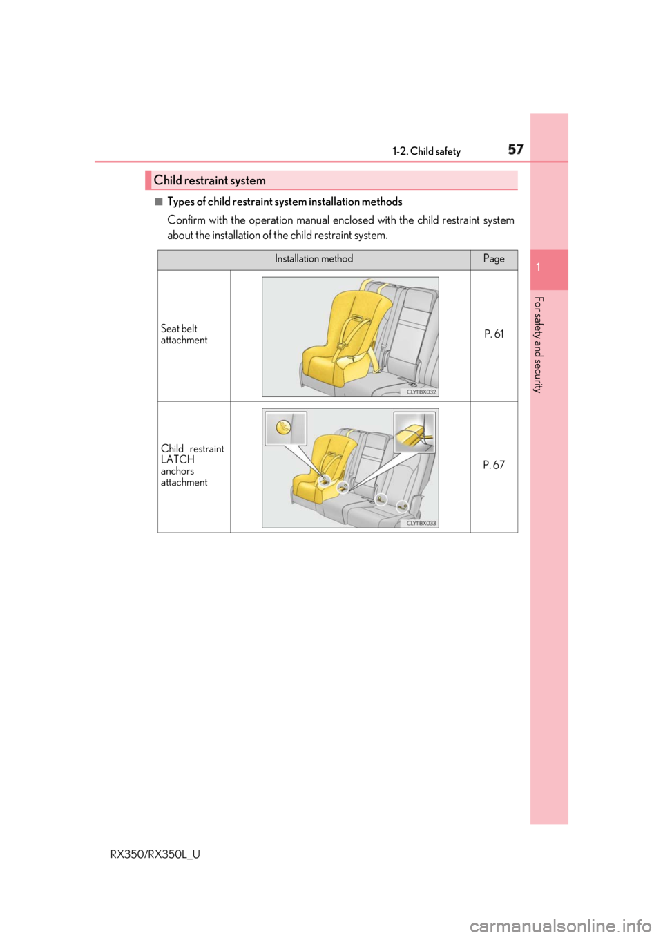 LEXUS RX350 2019 Workshop Manual 571-2. Child safety
1
For safety and security
RX350/RX350L_U ■
Types of child restraint system installation methods
Confirm with the operation manual encl osed with the child restraint system
about 