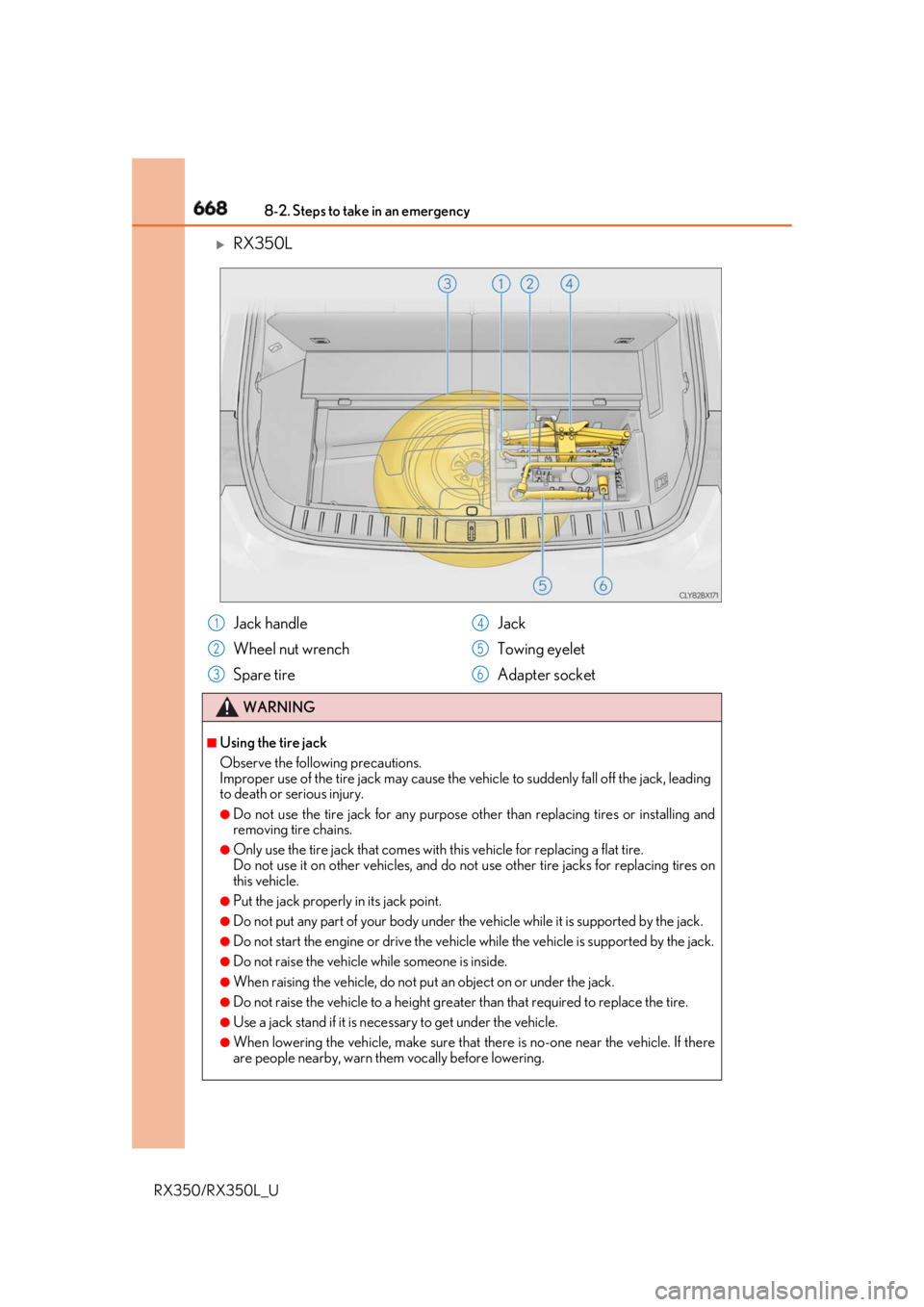 LEXUS RX350 2019  Owners Manual 668 8-2. Steps to take in an emergency
RX350/RX350L_U 
RX350L
Jack handle
Wheel nut wrench
Spare tire Jack
Towing eyelet
Adapter socketWARNING ■
Using the tire jack
Observe the following precauti