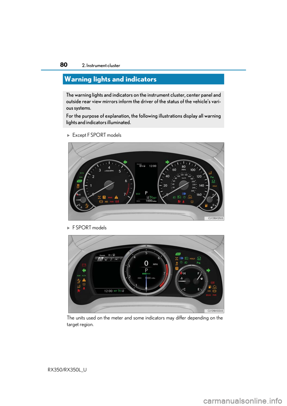 LEXUS RX350 2019 Manual Online 80
RX350/RX350L_U 2. Instrument cluster
Except F SPORT models
F SPORT models
The units used on the meter and some indicators may differ depending on the
target region.Warning lights and indica LEXUS RX350 2019 Manual Online 80
RX350/RX350L_U 2. Instrument cluster
Except F SPORT models
F SPORT models
The units used on the meter and some indicators may differ depending on the
target region.Warning lights and indica