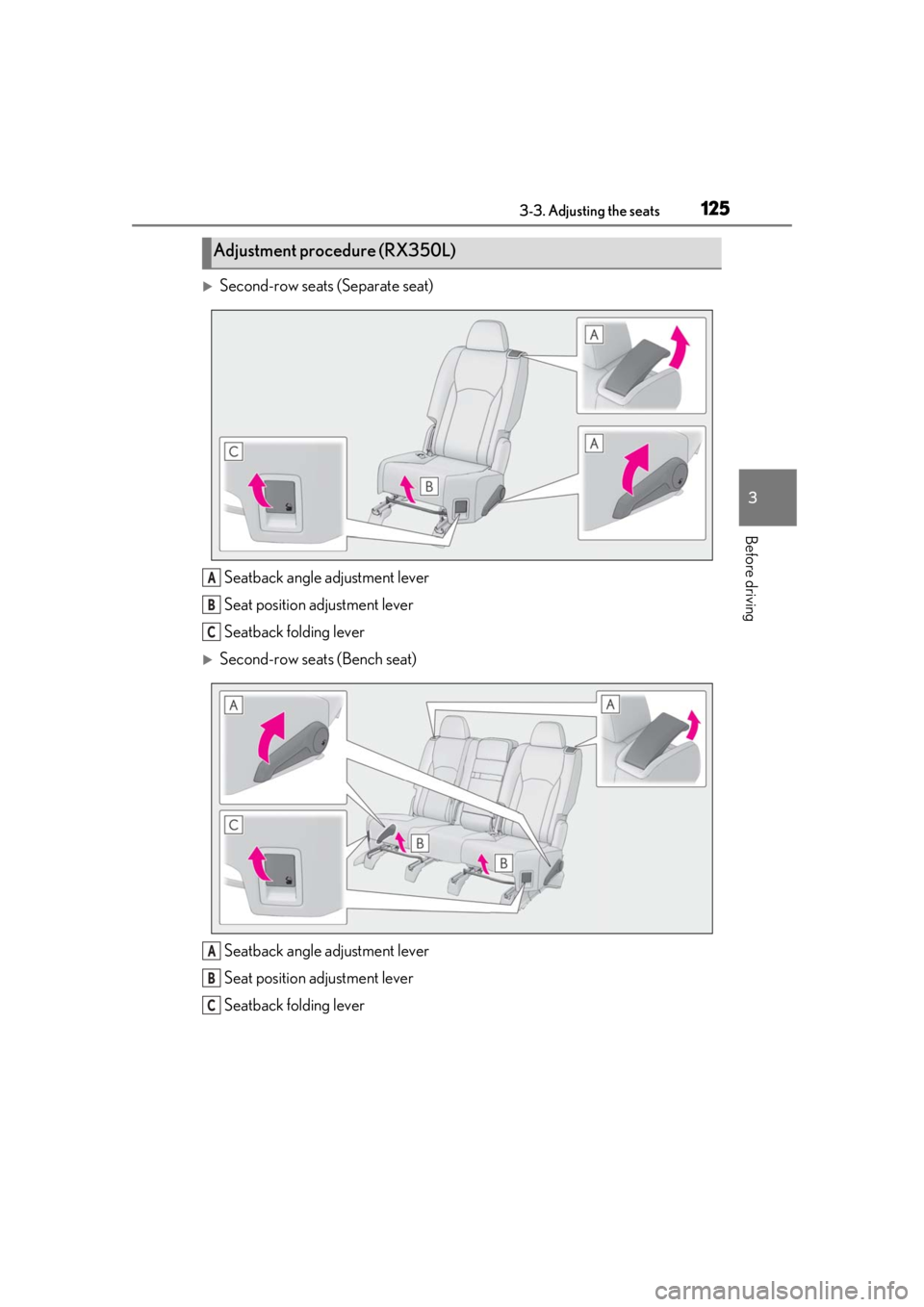 LEXUS RX350 2021 Owners Manual 1253-3. Adjusting the seats
3
Before driving
Second-row seats (Separate seat)Seatback angle adjustment lever
Seat position adjustment lever
Seatback folding lever
Second-row seats (Bench seat)Se LEXUS RX350 2021 Owners Manual 1253-3. Adjusting the seats
3
Before driving
Second-row seats (Separate seat)Seatback angle adjustment lever
Seat position adjustment lever
Seatback folding lever
Second-row seats (Bench seat)Se