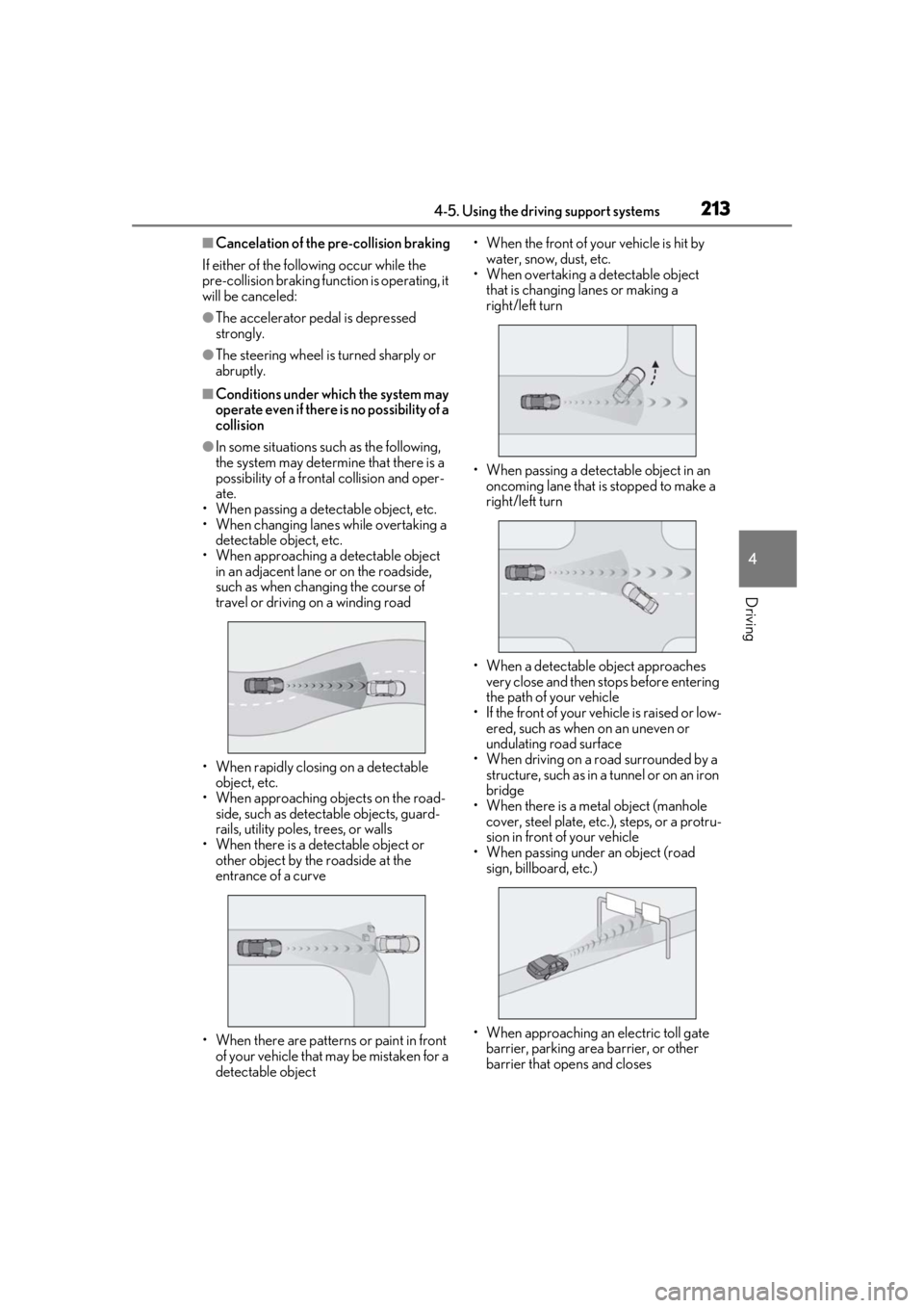 LEXUS RX350 2021 Owners Manual 2134-5. Using the driving support systems
4
Driving
■Cancelation of the pre-collision braking
If either of the following occur while the
pre-collision braking function is operating, it
will be can LEXUS RX350 2021 Owners Manual 2134-5. Using the driving support systems
4
Driving
■Cancelation of the pre-collision braking
If either of the following occur while the
pre-collision braking function is operating, it
will be can