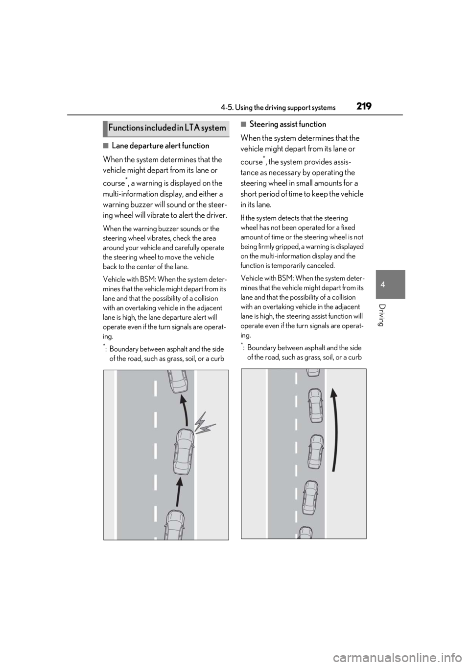 LEXUS RX350 2021 Workshop Manual 2194-5. Using the driving support systems
4
Driving
■Lane departure alert function
When the system determines that the 
vehicle might depart from its lane or 
course
*, a warning is displayed on the