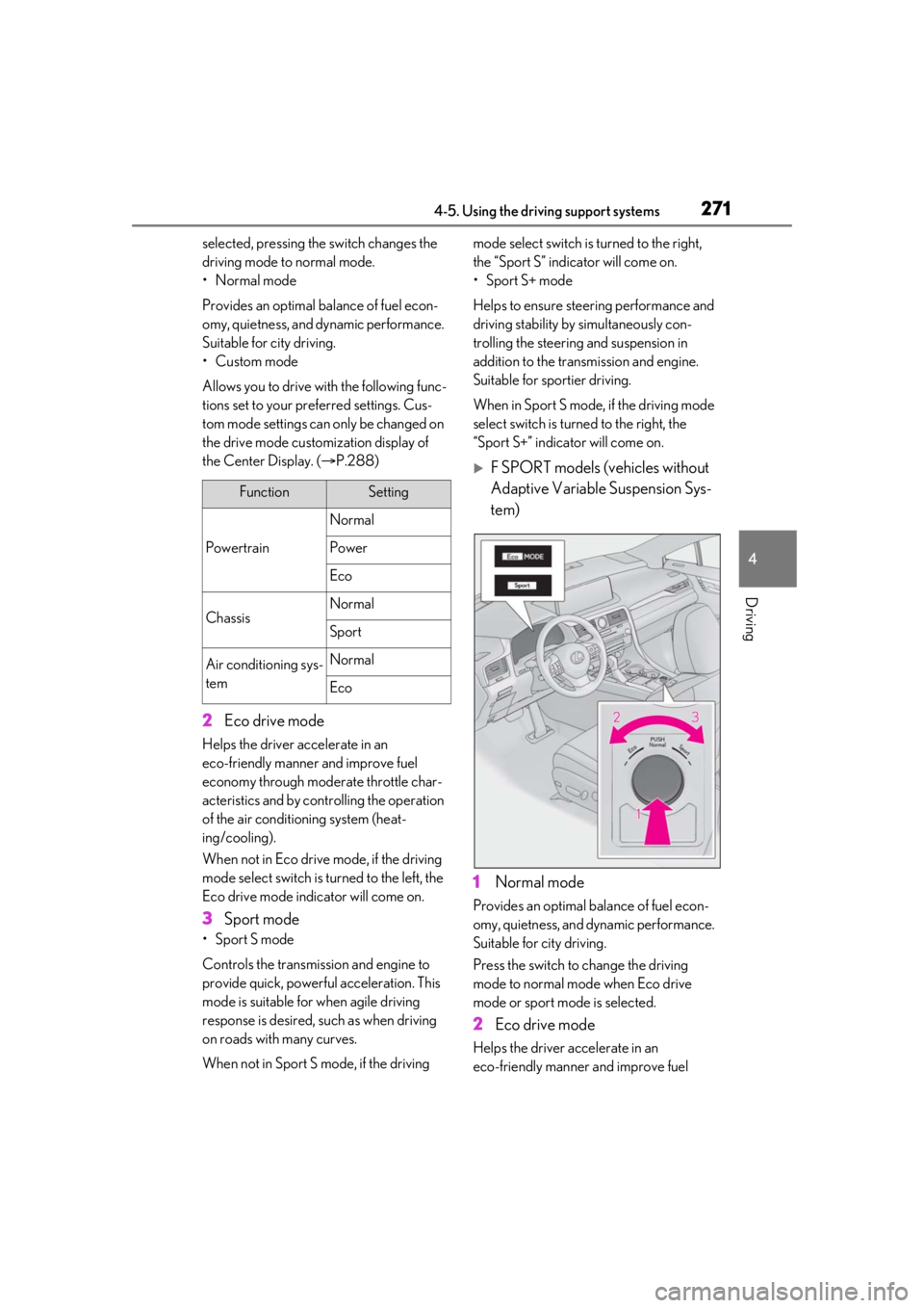 LEXUS RX350 2021 Owners Manual 2714-5. Using the driving support systems
4
Driving
selected, pressing the switch changes the
driving mode to normal mode.
•Normal mode
Provides an optimal ba lance of fuel econ-
omy, quietness, an LEXUS RX350 2021 Owners Manual 2714-5. Using the driving support systems
4
Driving
selected, pressing the switch changes the
driving mode to normal mode.
•Normal mode
Provides an optimal ba lance of fuel econ-
omy, quietness, an