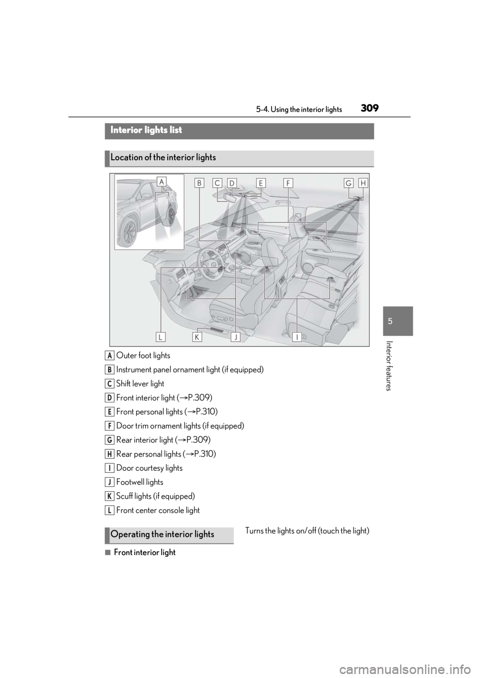 LEXUS RX350 2021 Owners Manual 3095-4. Using the interior lights
5
Interior features
5-4.Using the interior lights
Outer foot lights
Instrument panel ornament light (if equipped)
Shift lever light
Front interior light (P.309)
Fr LEXUS RX350 2021 Owners Manual 3095-4. Using the interior lights
5
Interior features
5-4.Using the interior lights
Outer foot lights
Instrument panel ornament light (if equipped)
Shift lever light
Front interior light (P.309)
Fr