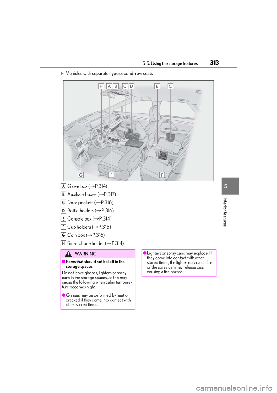 LEXUS RX350 2021 Owners Manual 3135-5. Using the storage features
5
Interior features
Vehicles with separate-type second-row seatsGlove box ( P.314)
Auxiliary boxes ( P.317)
Door pockets ( P.316)
Bottle holders ( P.3 LEXUS RX350 2021 Owners Manual 3135-5. Using the storage features
5
Interior features
Vehicles with separate-type second-row seatsGlove box ( P.314)
Auxiliary boxes ( P.317)
Door pockets ( P.316)
Bottle holders ( P.3