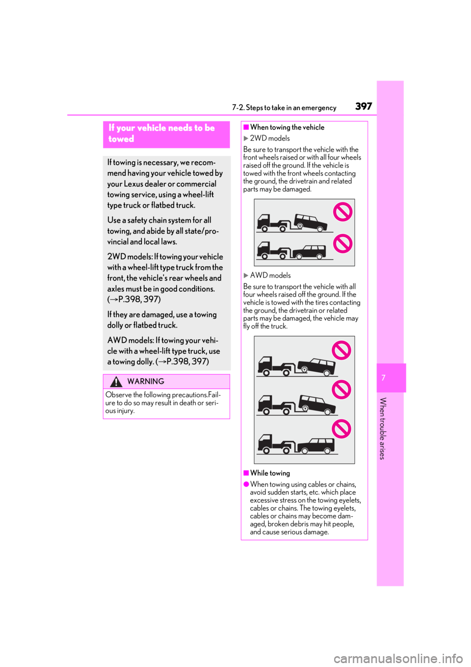 LEXUS RX350 2021 Owners Manual 3977-2. Steps to take in an emergency
7
When trouble arises
7-2.Steps to take in an emergency
If your vehicle needs to be
towed
If towing is necessary, we recom-
mend having your vehicle towed by
yo LEXUS RX350 2021 Owners Manual 3977-2. Steps to take in an emergency
7
When trouble arises
7-2.Steps to take in an emergency
If your vehicle needs to be
towed
If towing is necessary, we recom-
mend having your vehicle towed by
yo
