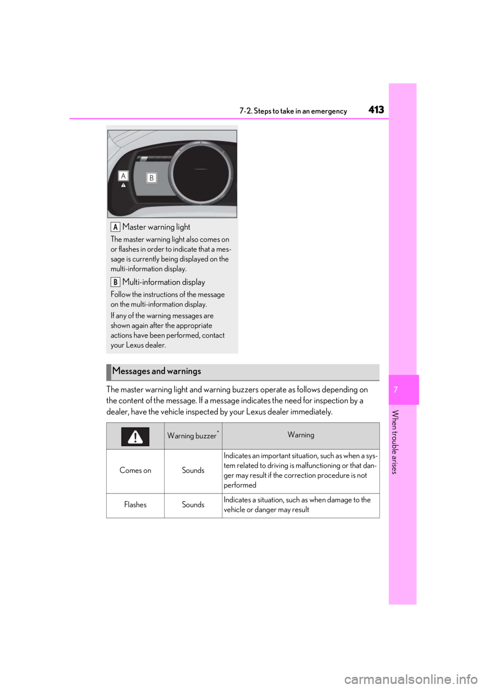 LEXUS RX350 2021 Owners Manual 4137-2. Steps to take in an emergency
7
When trouble arises
The master warning light and warning buzzers operate as follows depending on
the content of the message. If a message indicates the need fo LEXUS RX350 2021 Owners Manual 4137-2. Steps to take in an emergency
7
When trouble arises
The master warning light and warning buzzers operate as follows depending on
the content of the message. If a message indicates the need fo