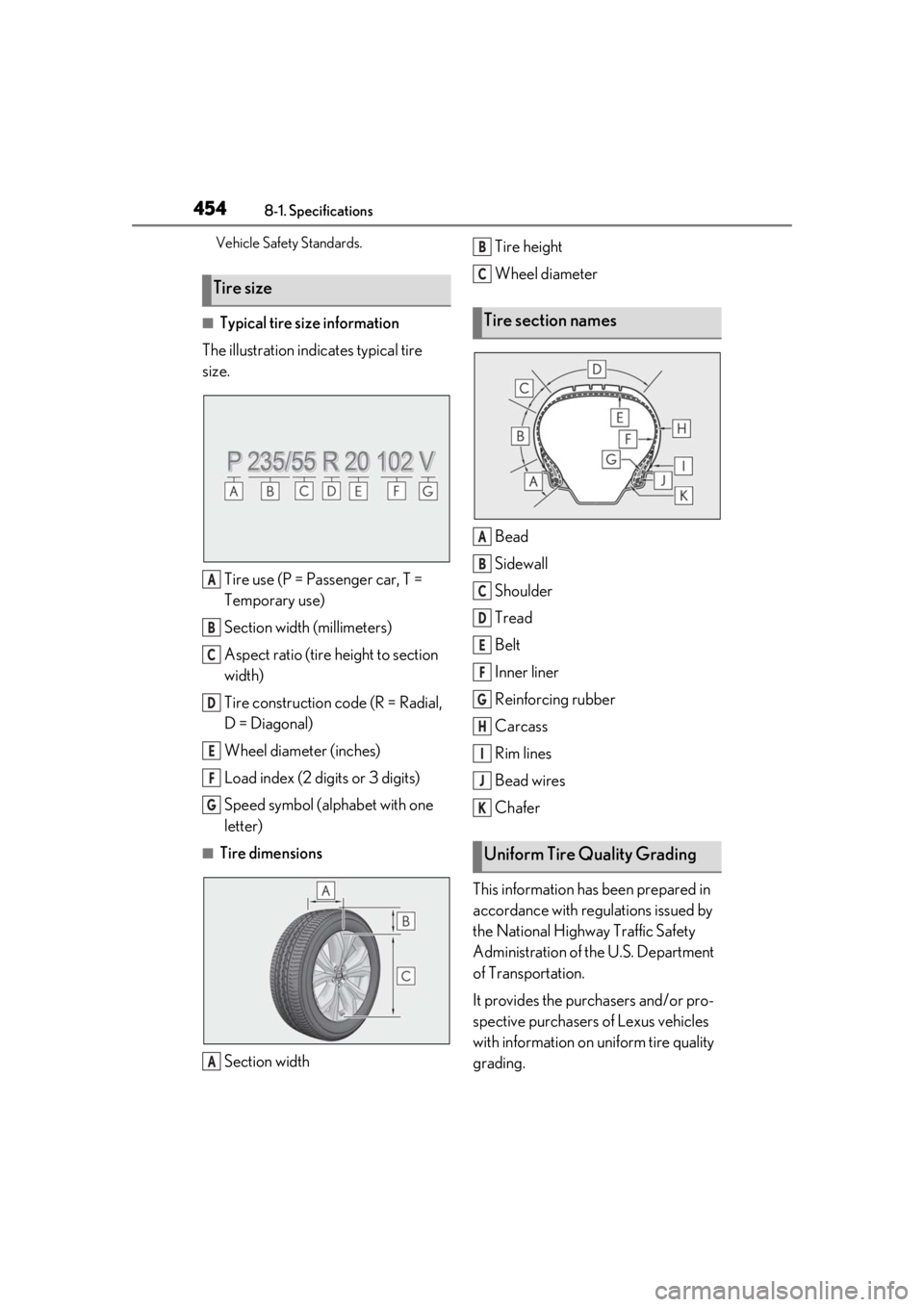 LEXUS RX350 2021 Owners Manual 4548-1. Specifications
Vehicle Safety Standards.
■Typical tire size information
The illustration indicates typical tire
size.
Tire use (P = Passenger car, T =
Temporary use)
Section width (millime LEXUS RX350 2021 Owners Manual 4548-1. Specifications
Vehicle Safety Standards.
■Typical tire size information
The illustration indicates typical tire
size.
Tire use (P = Passenger car, T =
Temporary use)
Section width (millime