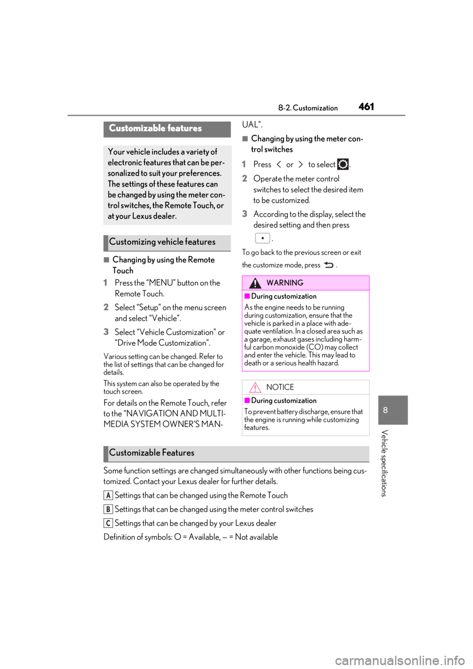 LEXUS RX350 2021 User Guide 4618-2. Customization
8
Vehicle specifications
8-2.Customization
■Changing by using the Remote
Touch
1 Press the “MENU” button on the
Remote Touch.
2 Select “Setup” on the menu screen
and LEXUS RX350 2021 User Guide 4618-2. Customization
8
Vehicle specifications
8-2.Customization
■Changing by using the Remote
Touch
1 Press the “MENU” button on the
Remote Touch.
2 Select “Setup” on the menu screen
and
