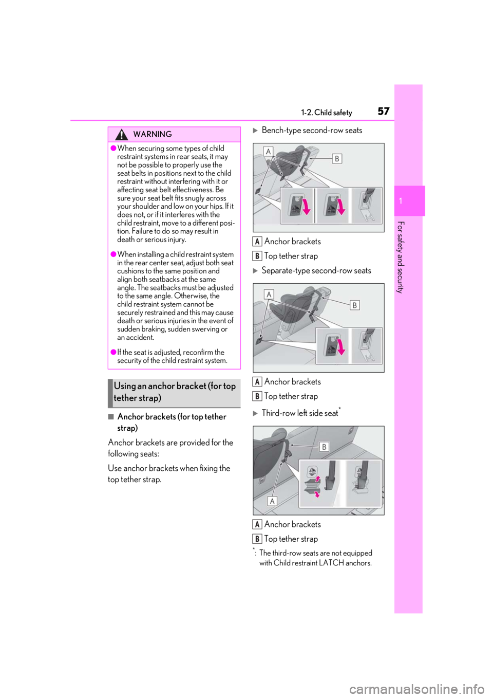 LEXUS RX350 2021 Workshop Manual 571-2. Child safety
1
For safety and security
■Anchor brackets (for top tether
strap)
Anchor brackets are provided for the
following seats:
Use anchor brackets when fixing the
top tether strap.
LEXUS RX350 2021 Workshop Manual 571-2. Child safety
1
For safety and security
■Anchor brackets (for top tether
strap)
Anchor brackets are provided for the
following seats:
Use anchor brackets when fixing the
top tether strap.