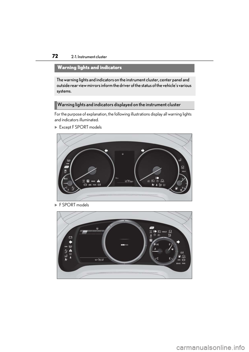 LEXUS RX350 2021  Owners Manual 722-1. Instrument cluster
2-1.Instrument cluster
For the purpose of explanation, the following illustrations display all warning lights 
and indicators illuminated.
Except F SPORT models
F SPORT